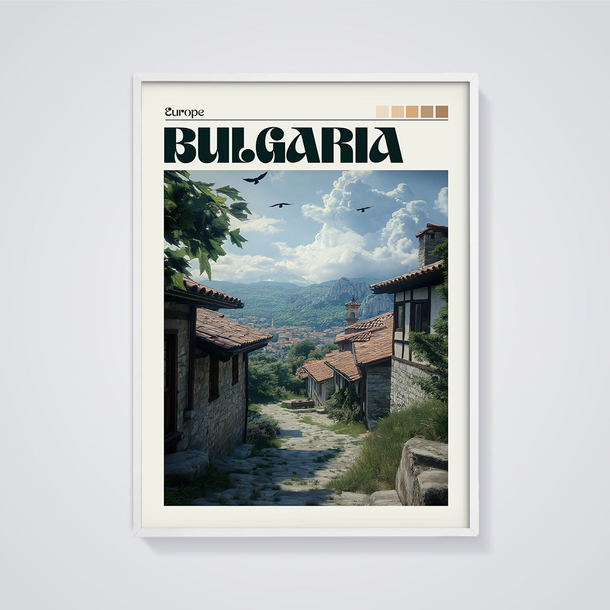 Bulgaria Old Townscape Print framed in white on a grey background