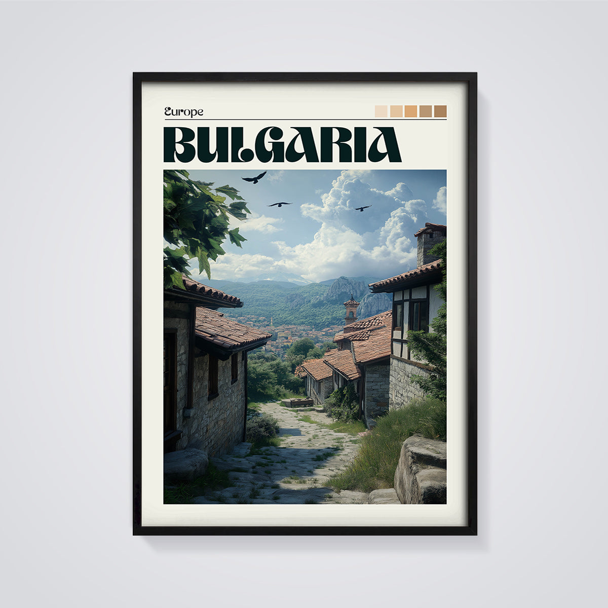 Bulgaria Old Townscape Print framed in black on a grey background