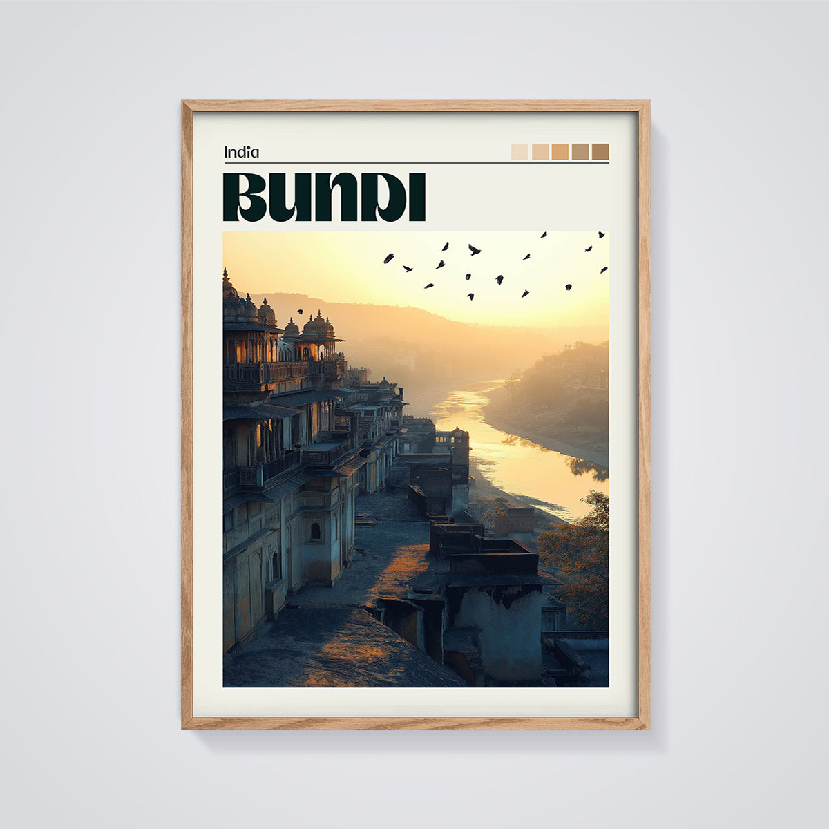 Bundi Golden Hour Print framed in oak on a grey background