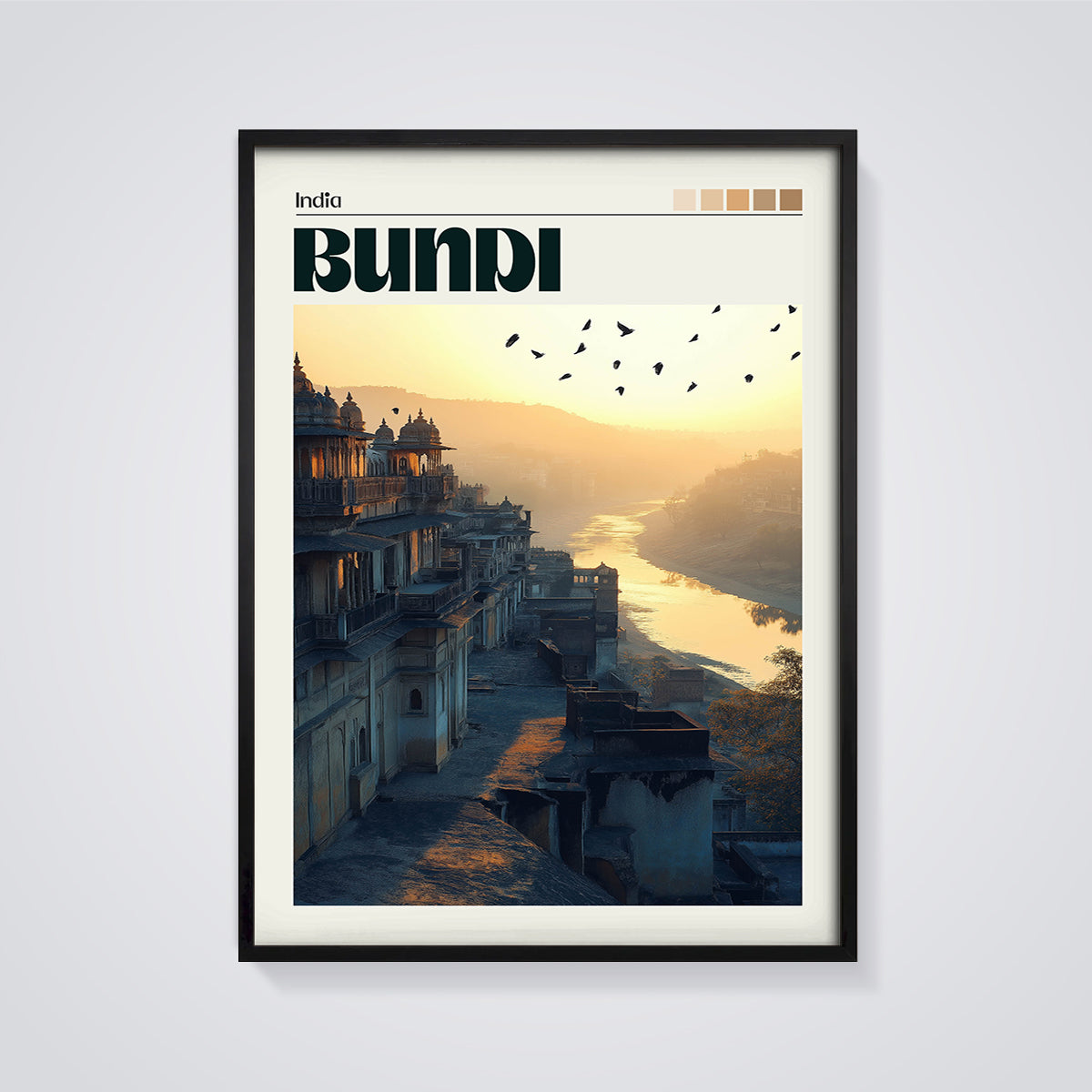 Bundi Golden Hour Print framed in black on a grey background