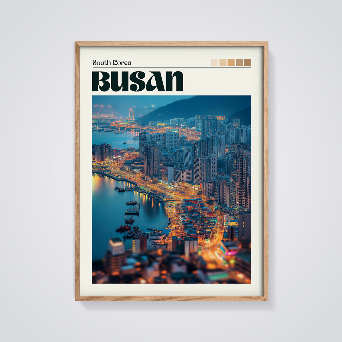 Busan City Lights Print framed in oak on a grey background