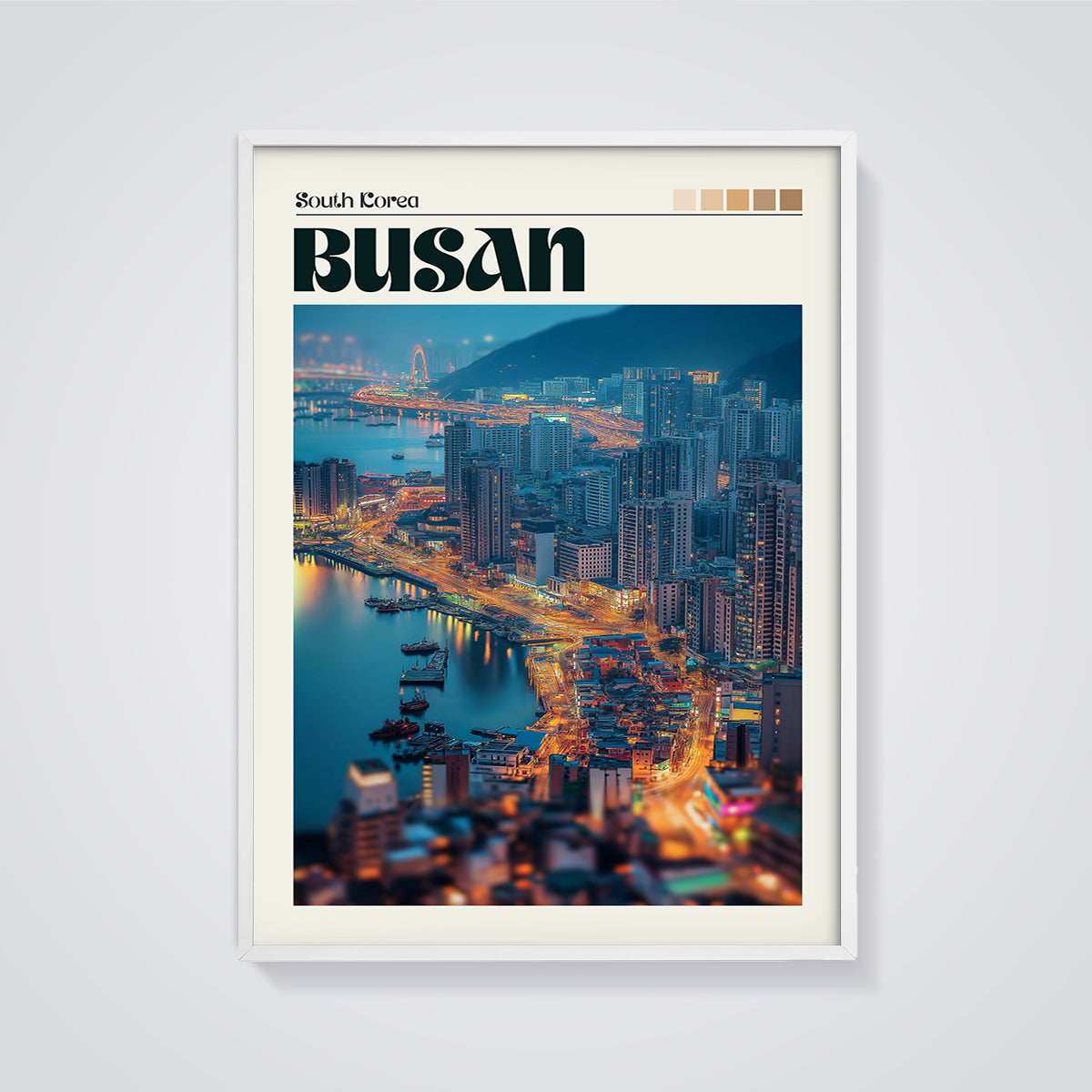 Busan City Lights Print framed in white on a grey background