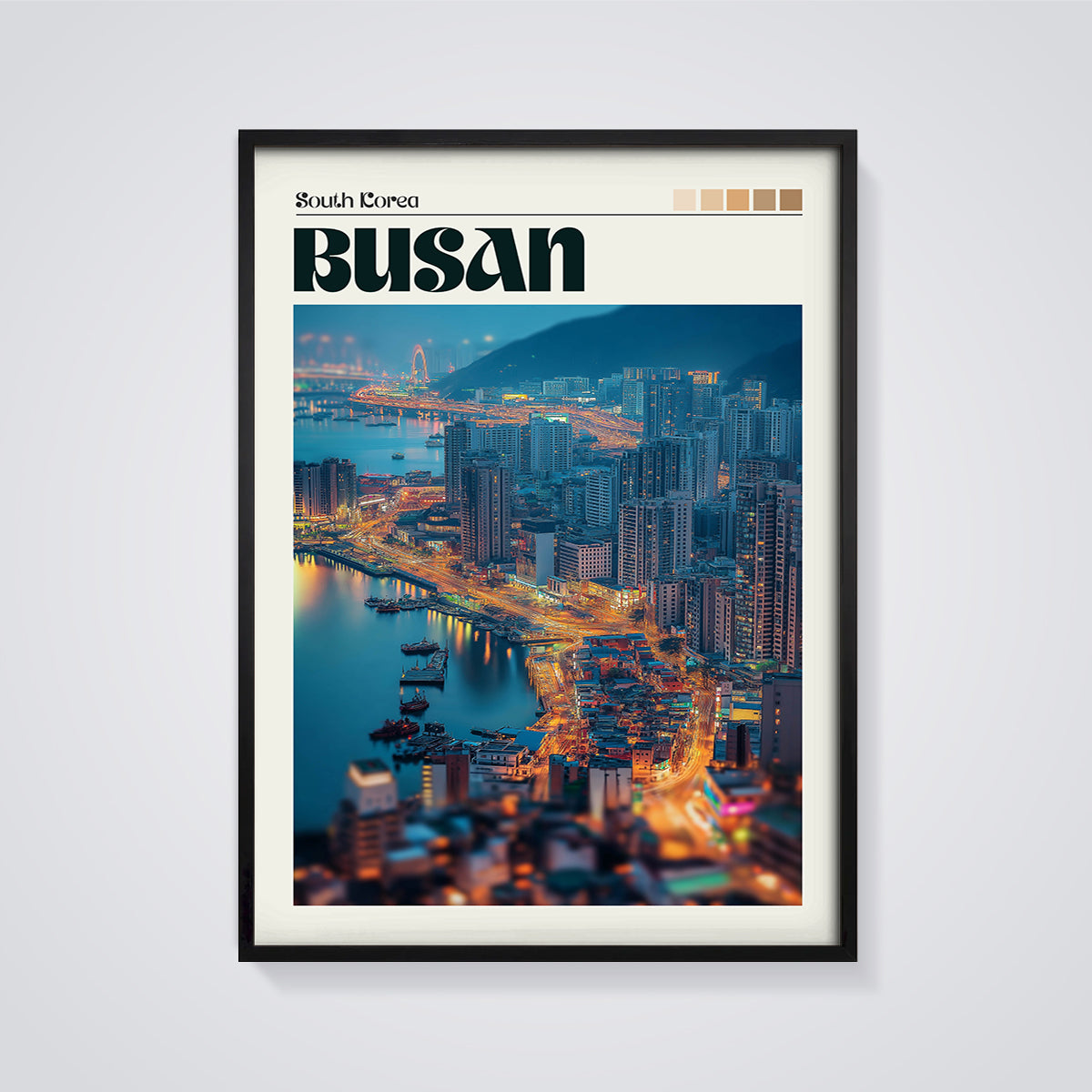 Busan City Lights Print framed in black on a grey background