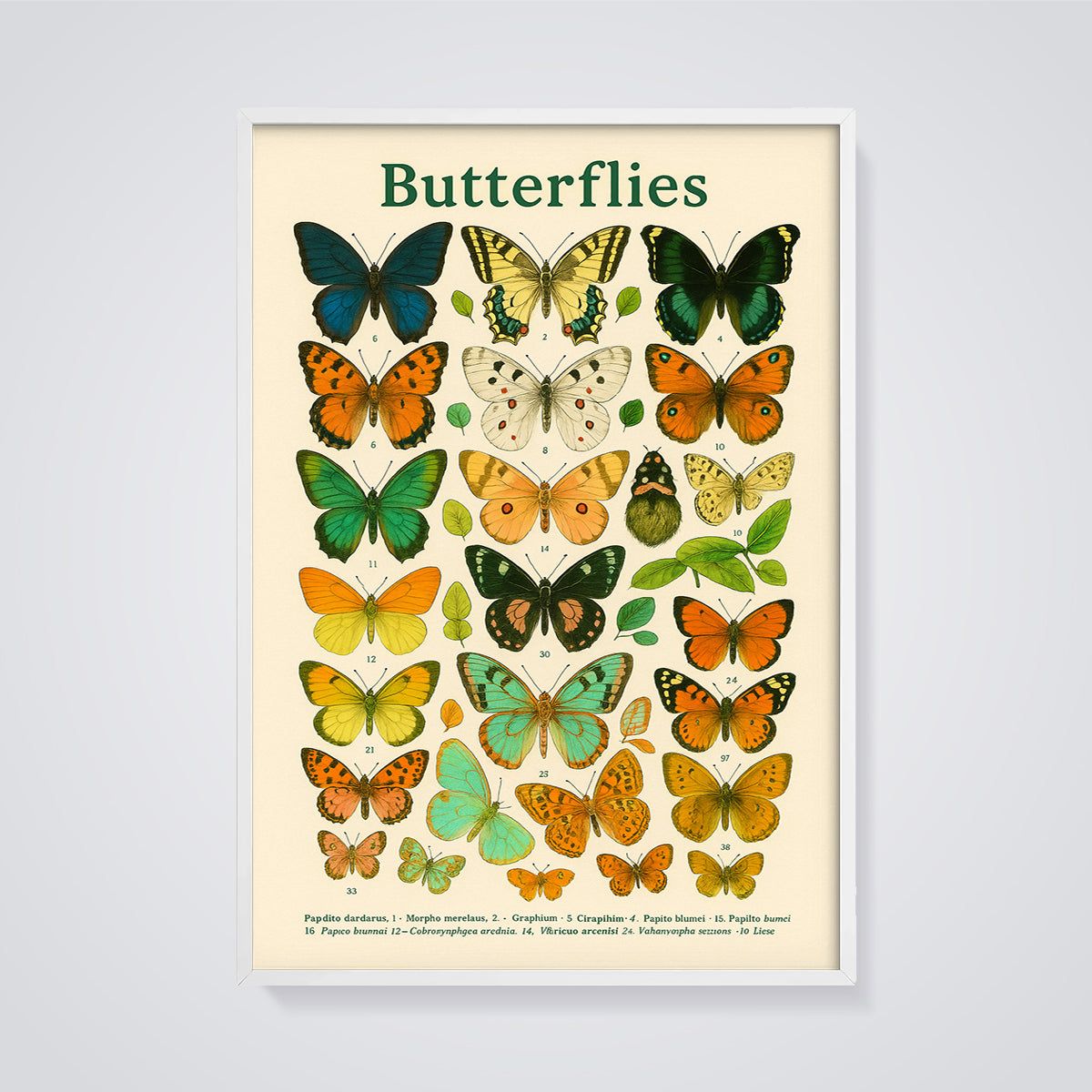 Butterflies Scientific Print framed in white on a grey background