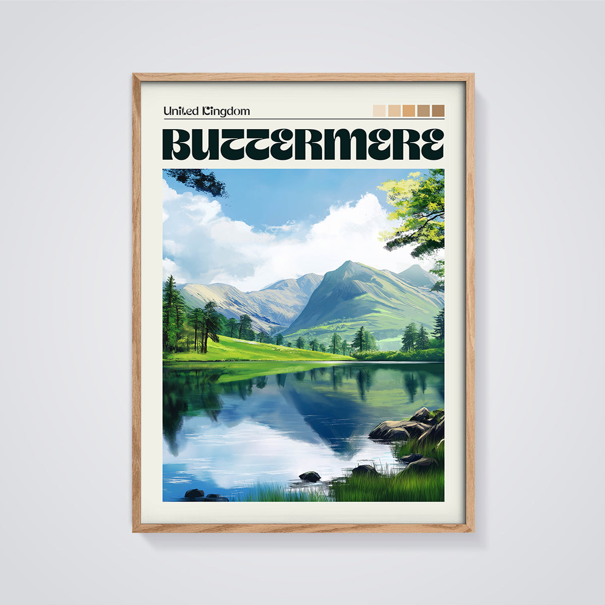 Buttermere Lake District Print framed in oak on a grey background