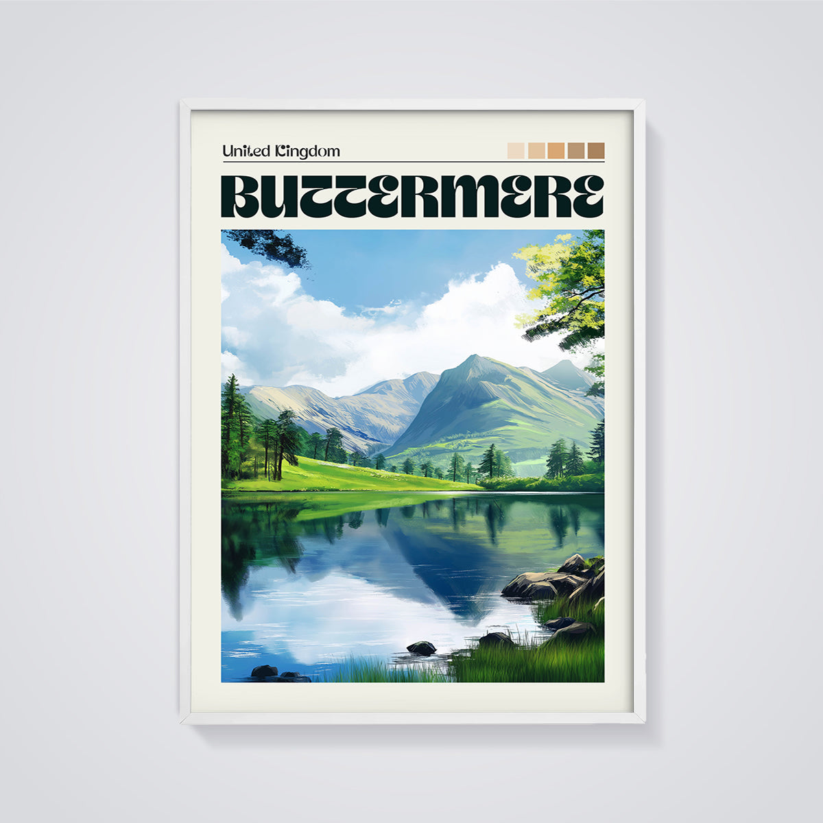 Buttermere Lake District Print framed in white on a grey background