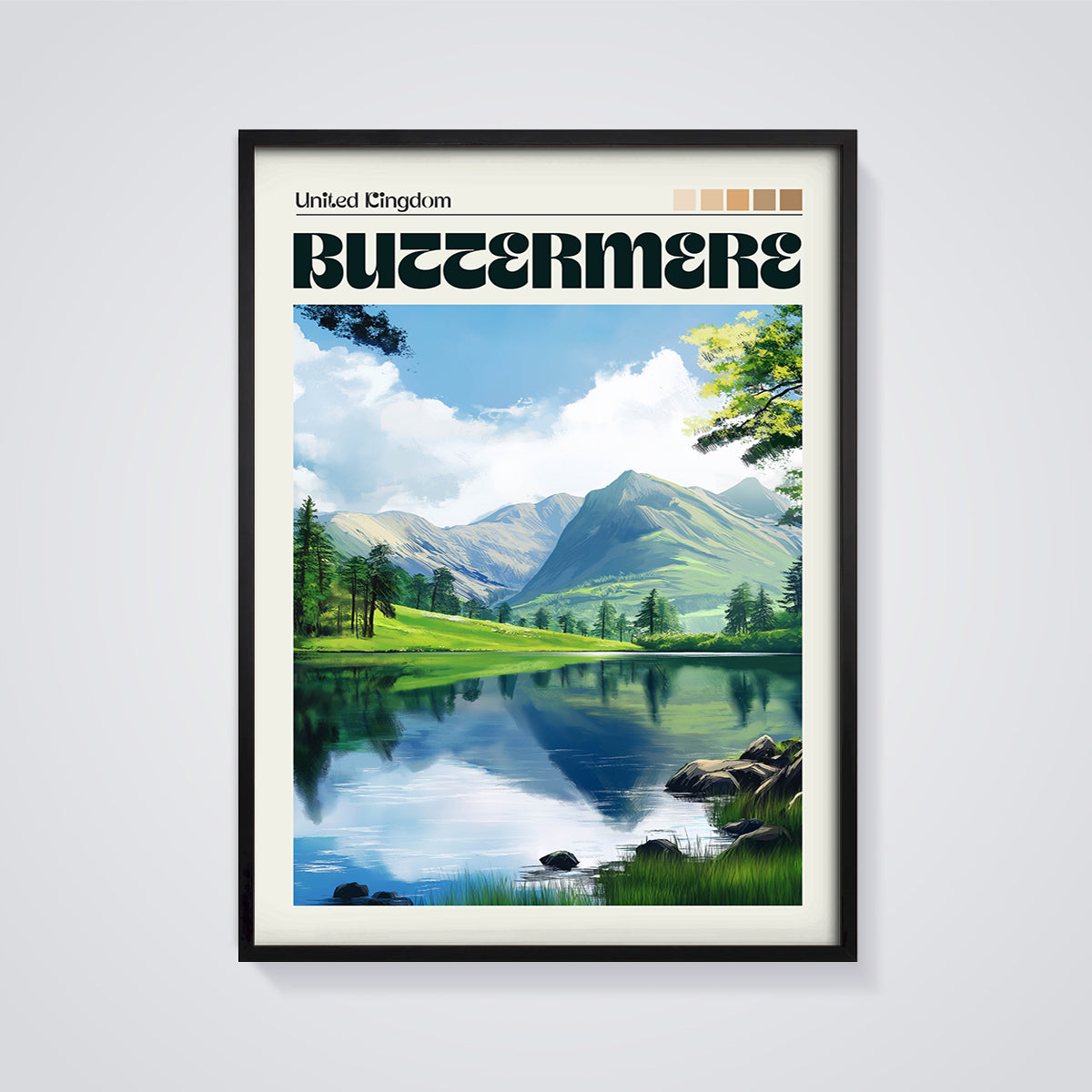 Buttermere Lake District Print framed in black on a grey background