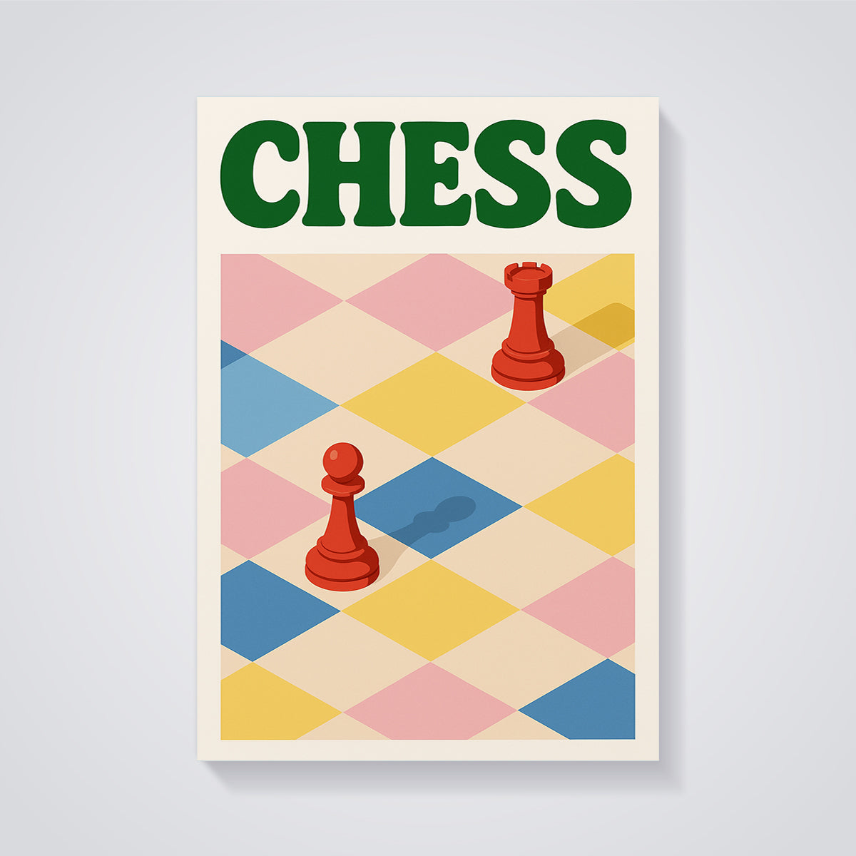CHESS Board and Pieces Print unframed on a grey background