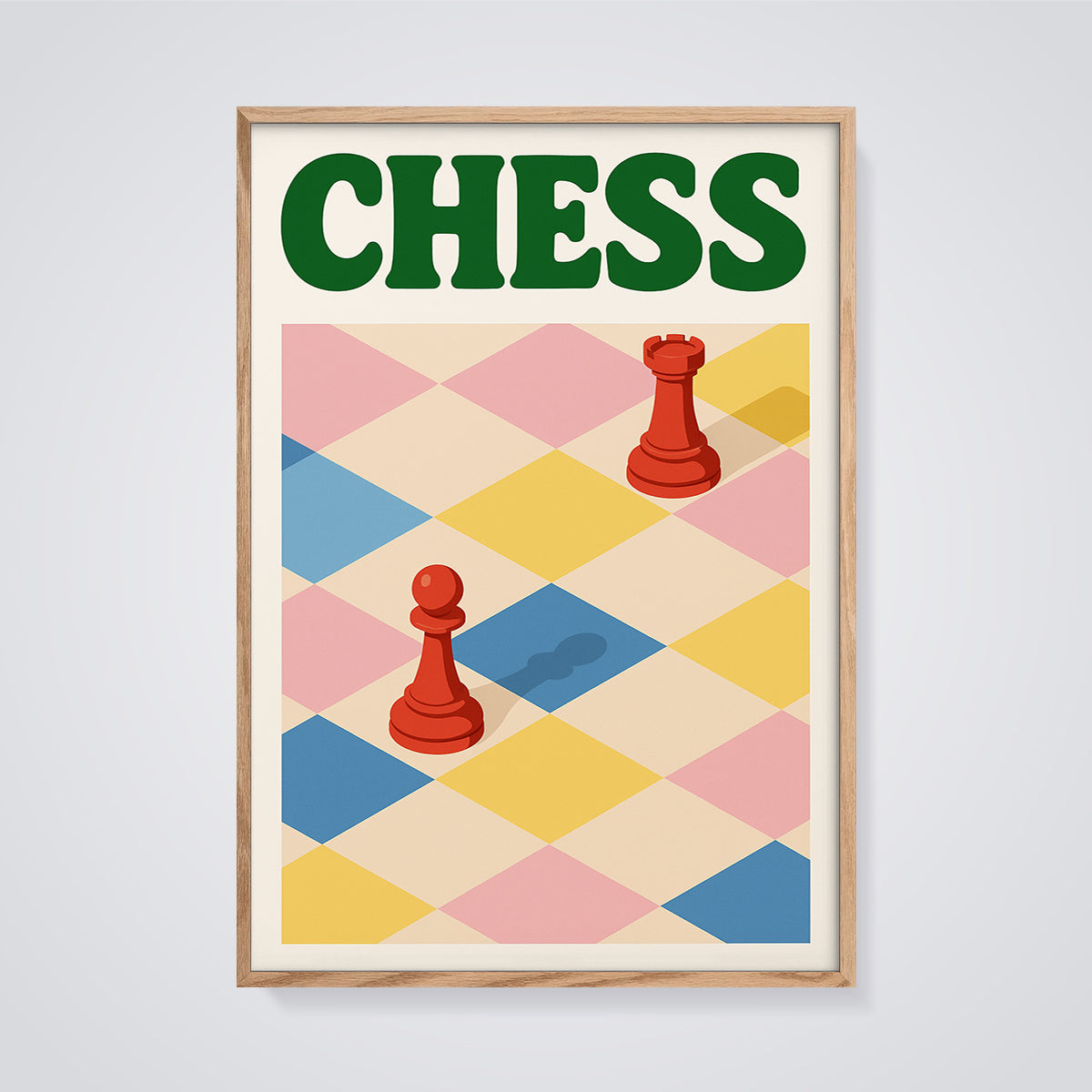CHESS Board and Pieces Print framed in oak on a grey background