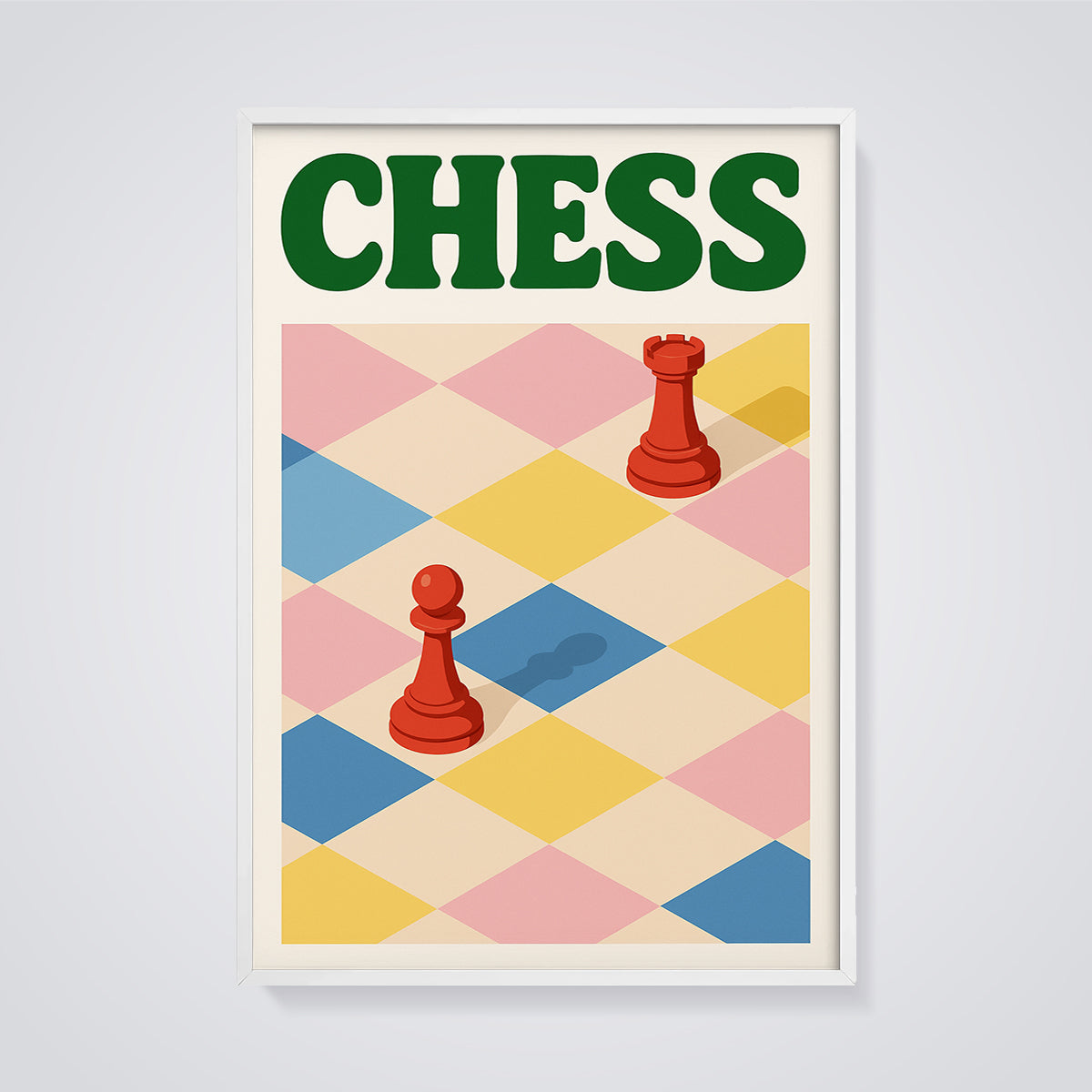 CHESS Board and Pieces Print framed in white on a grey background
