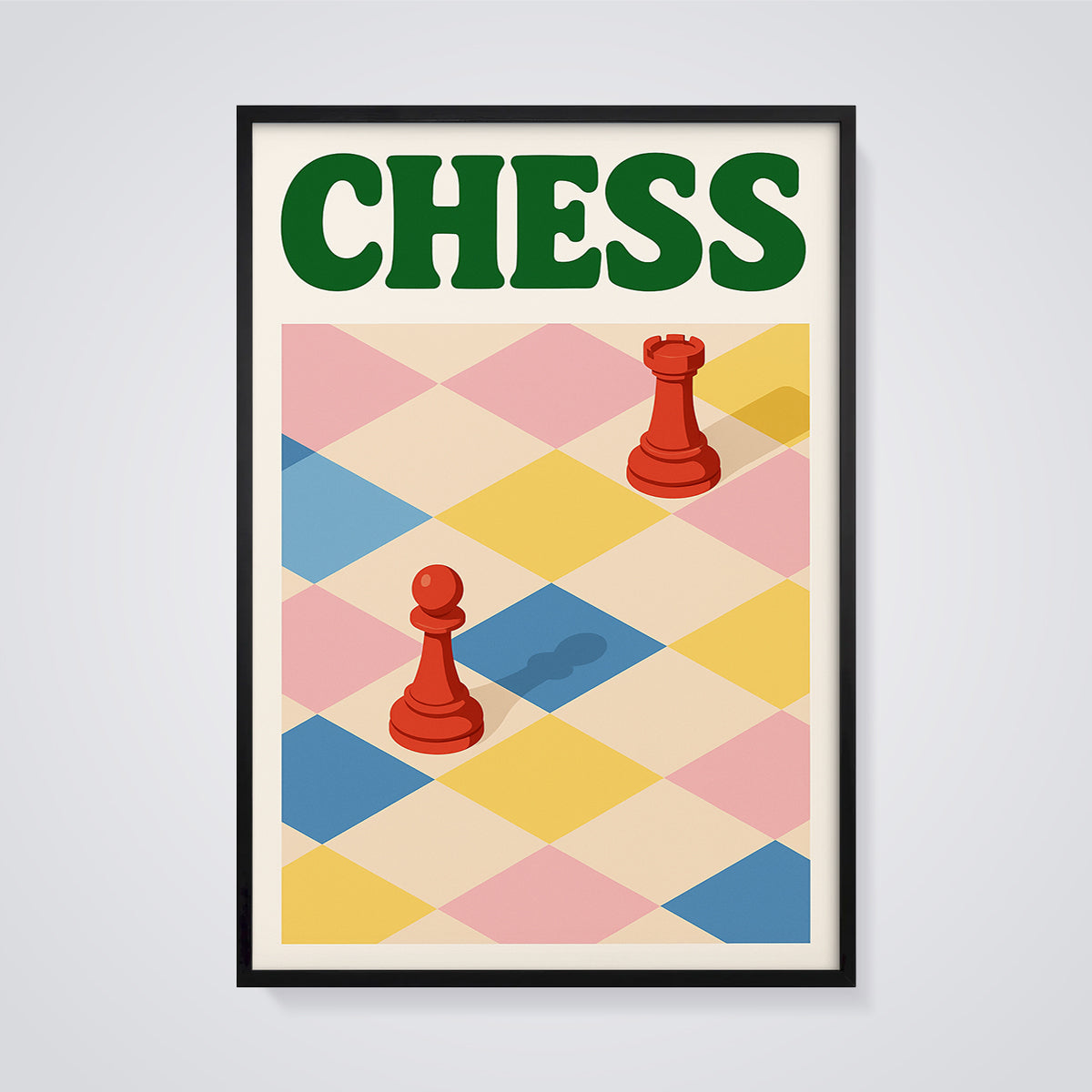 CHESS Board and Pieces Print framed in black on a grey background