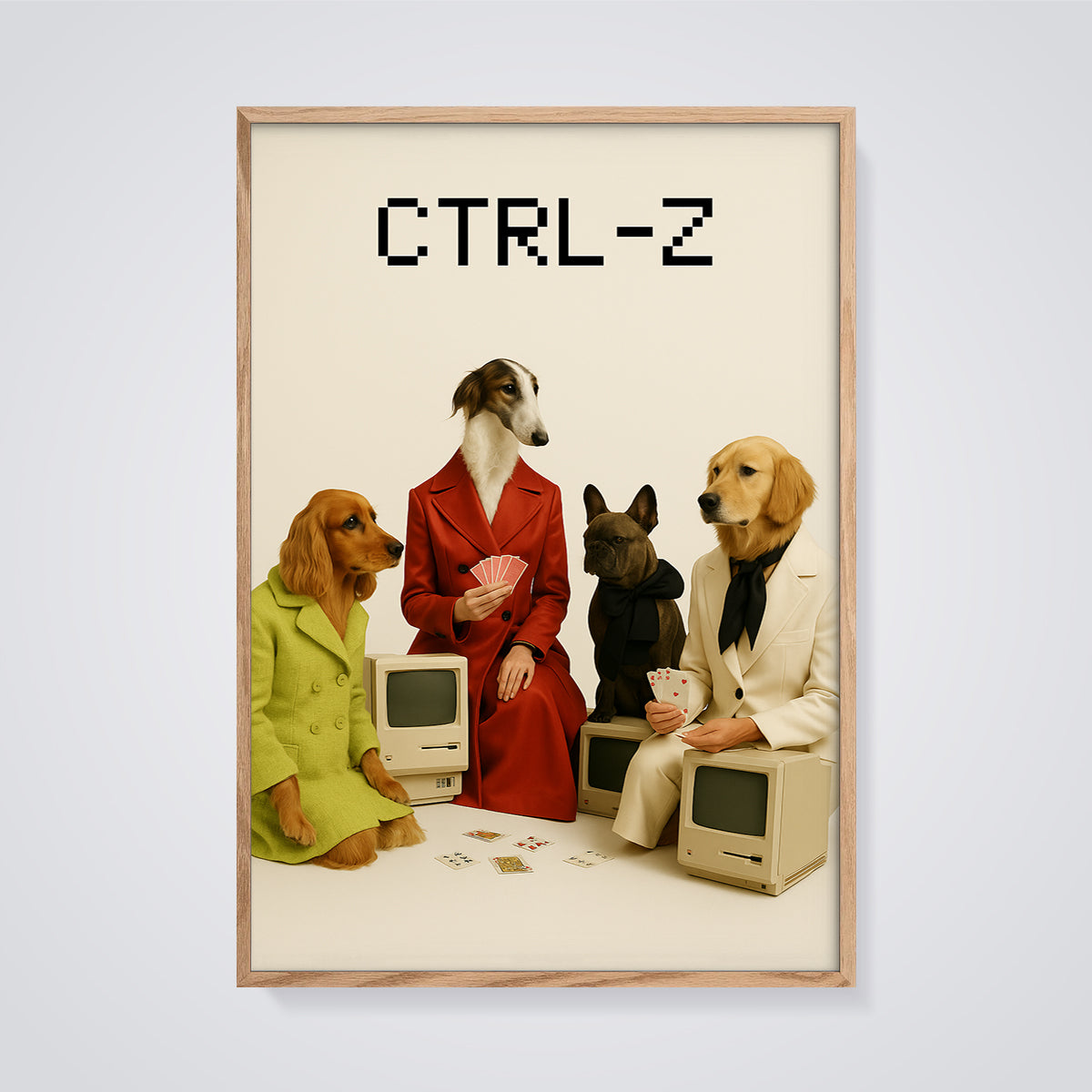 CTRL-Z Retro Computer Dogs Print framed in oak on a grey background