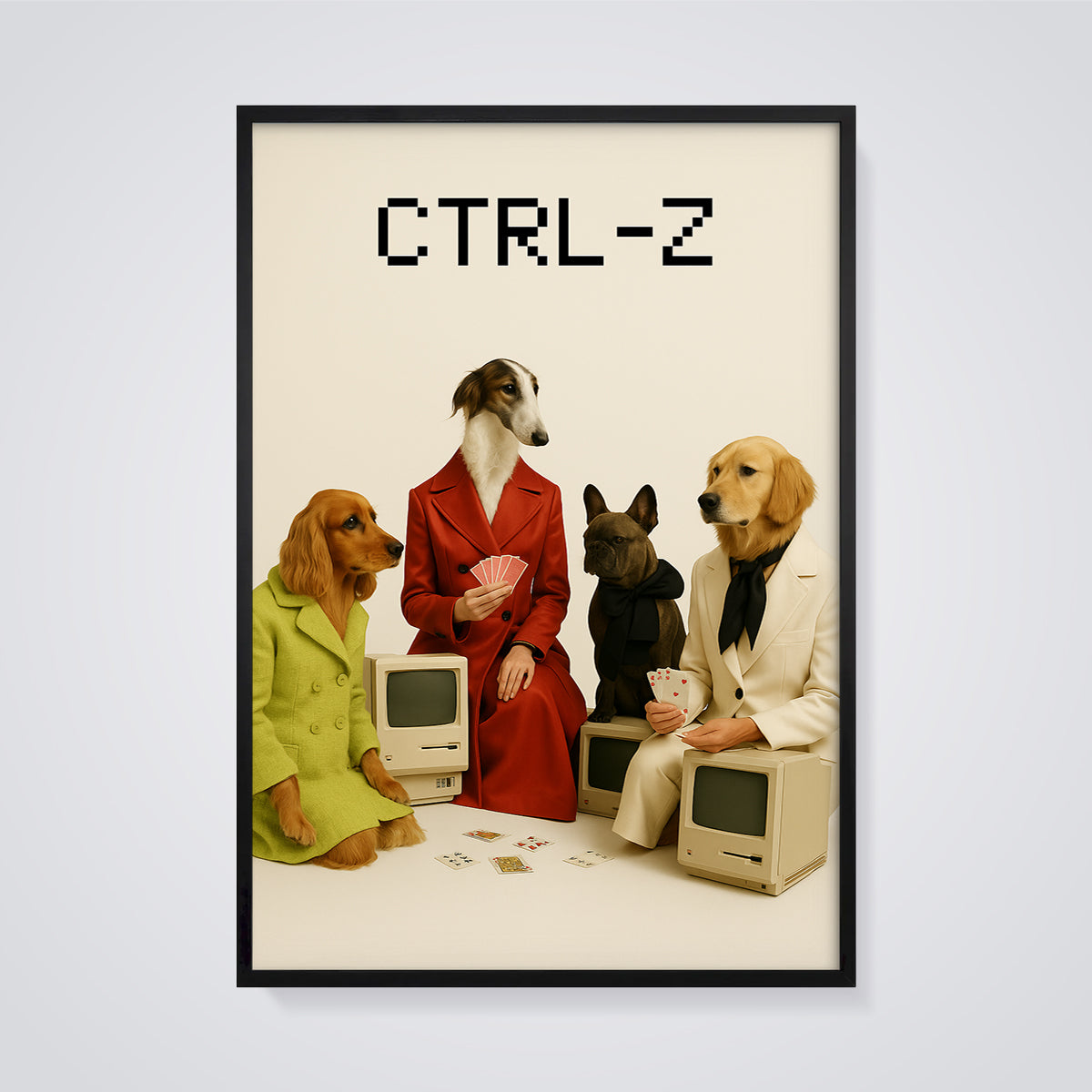 CTRL-Z Retro Computer Dogs Print framed in black on a grey background