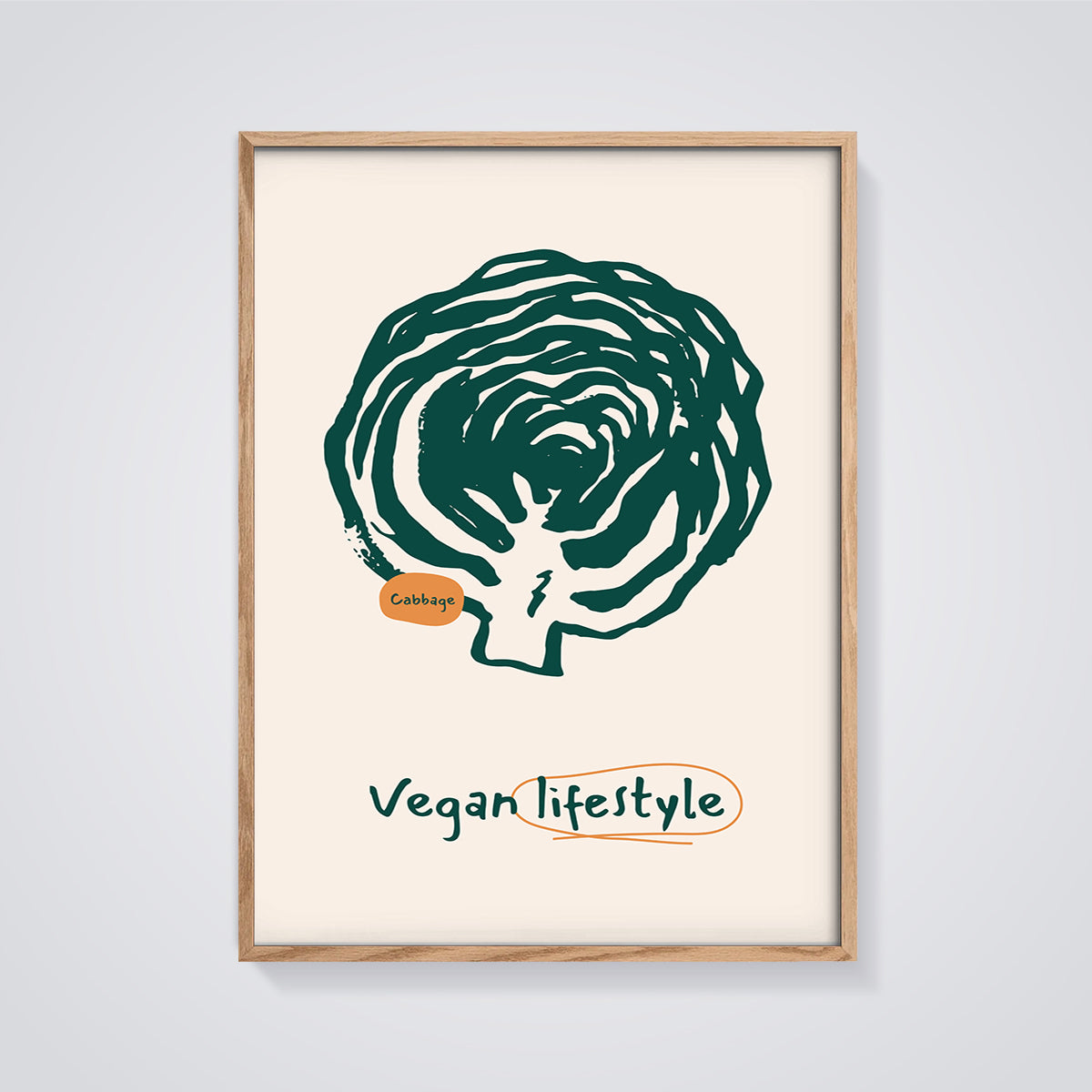 Cabbage Vegan Lifestyle Print framed in oak on a grey background