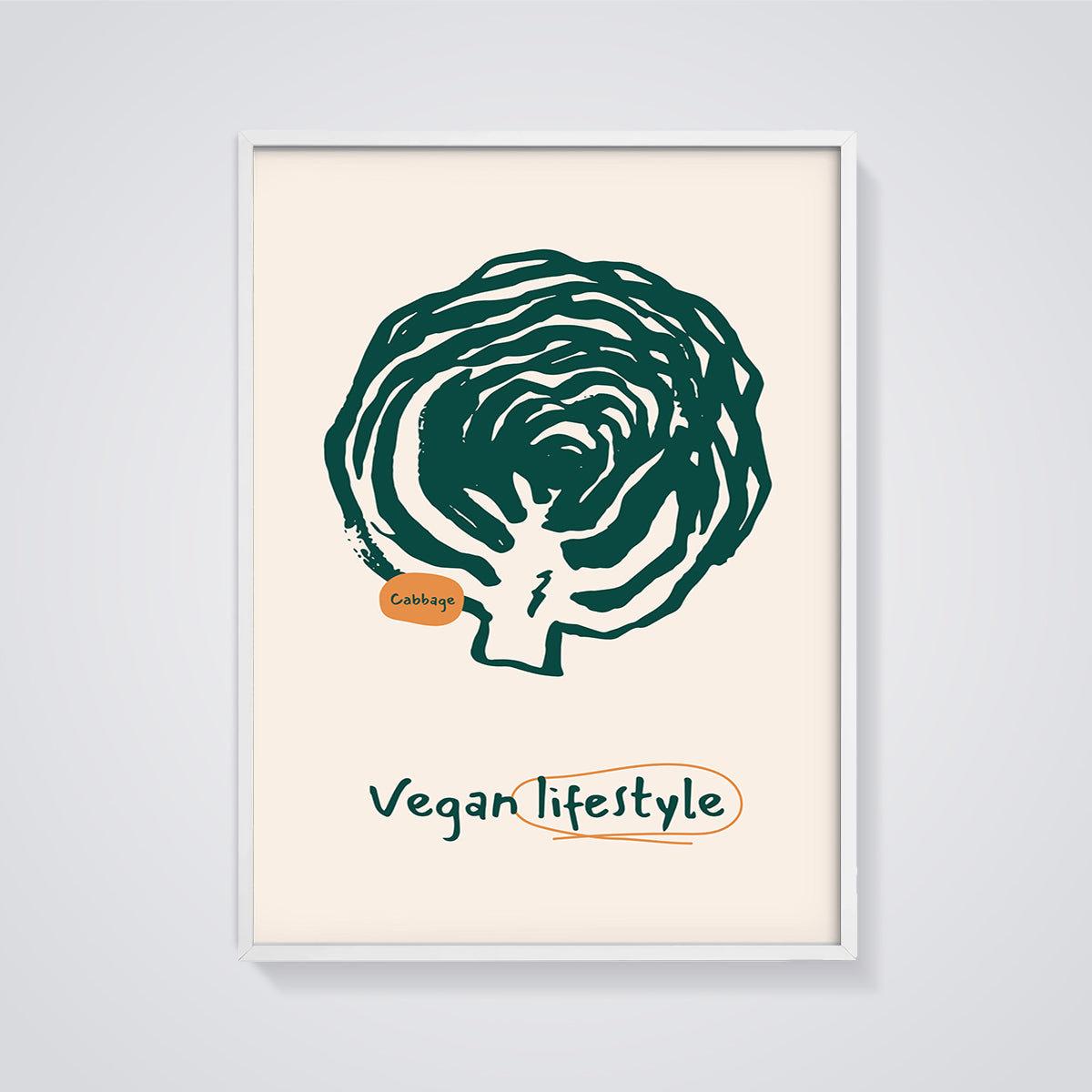 Cabbage Vegan Lifestyle Print framed in white on a grey background