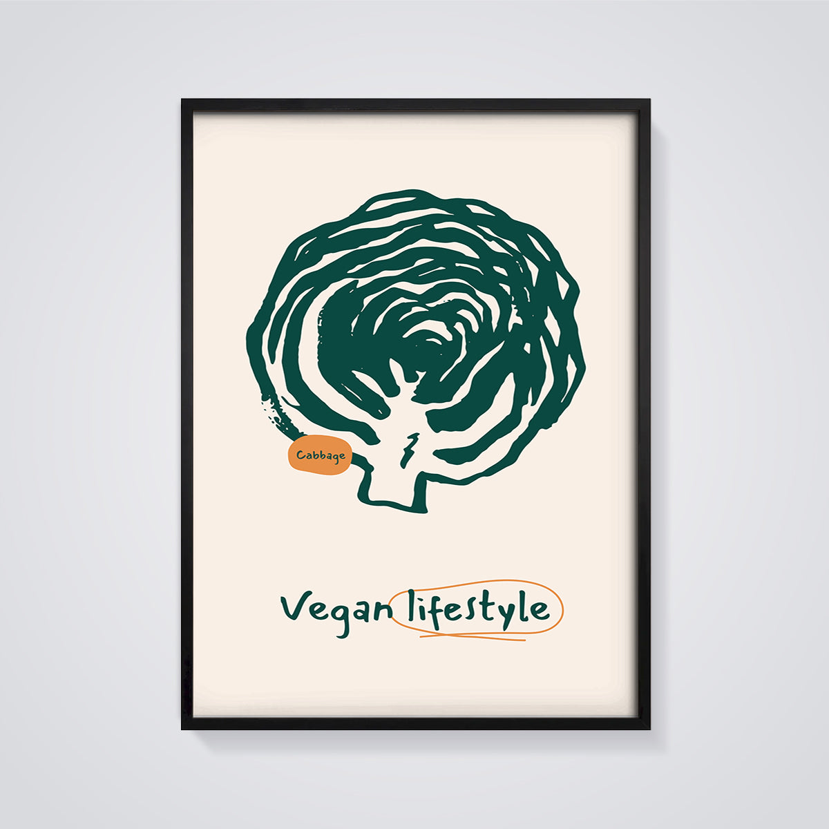 Cabbage Vegan Lifestyle Print framed in black on a grey background