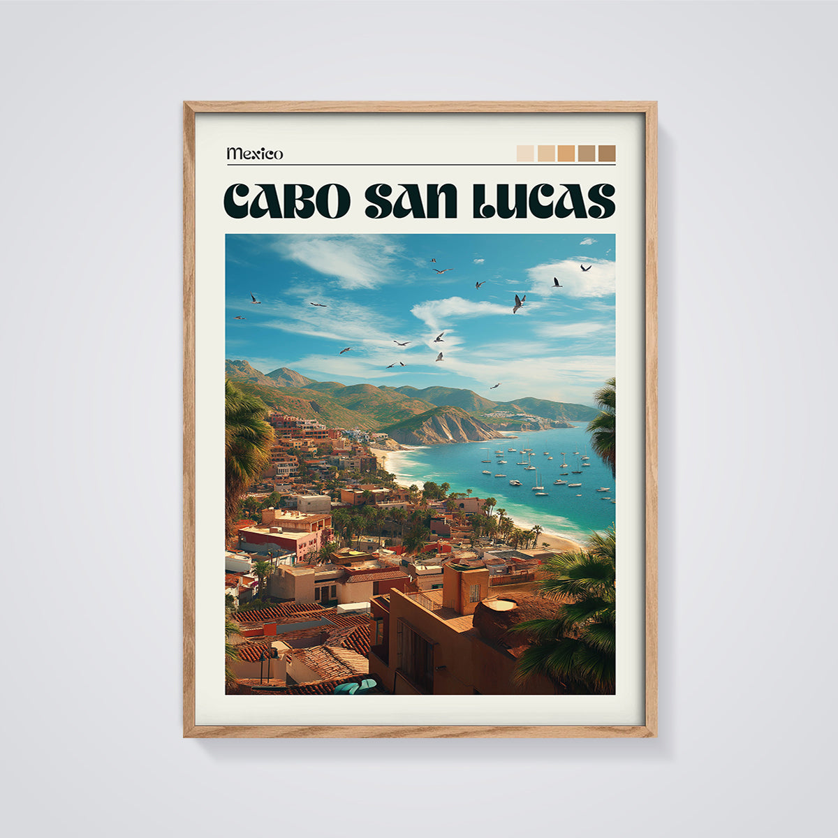 Cabo San Lucas Coastal View Print framed in oak on a grey background