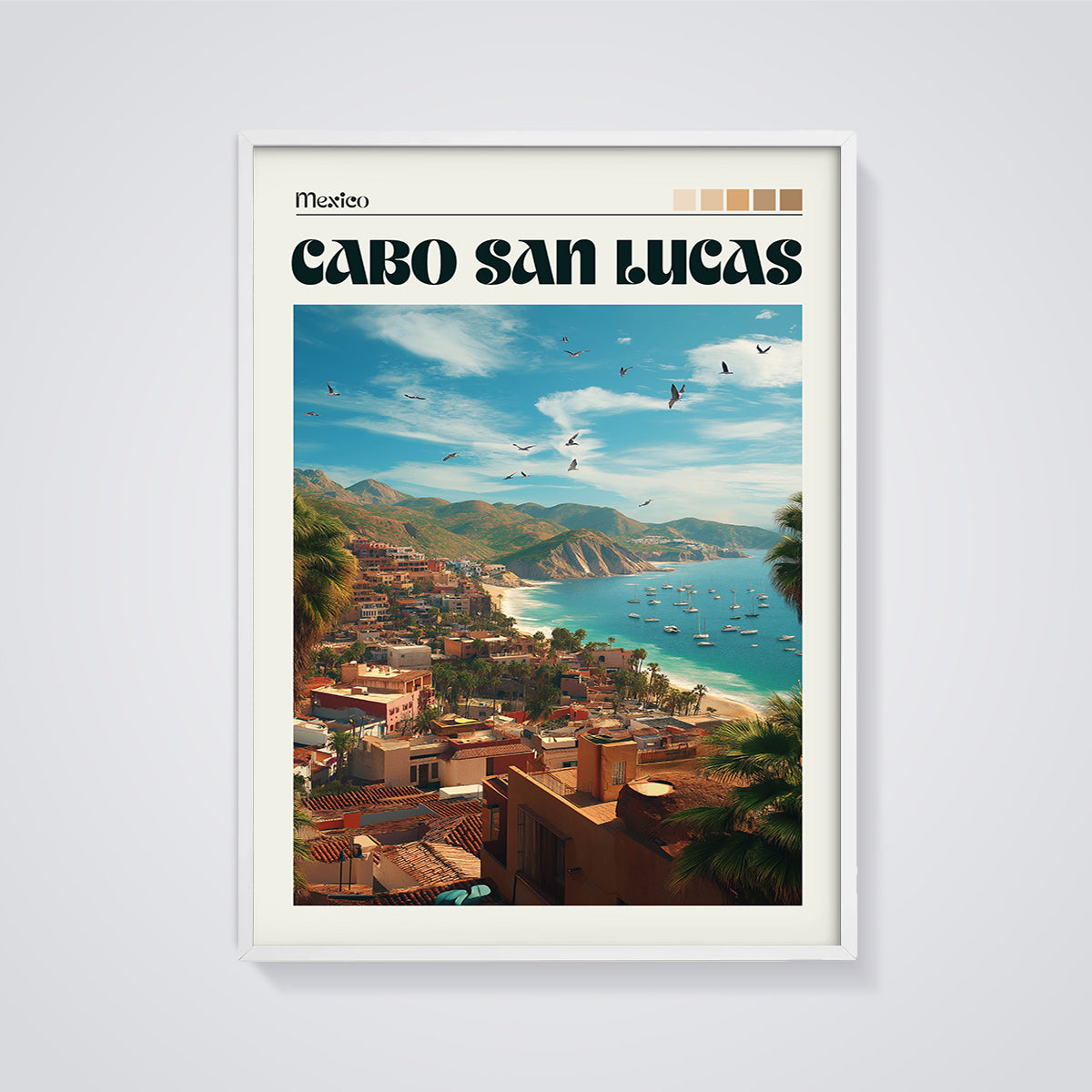 Cabo San Lucas Coastal View Print framed in white on a grey background