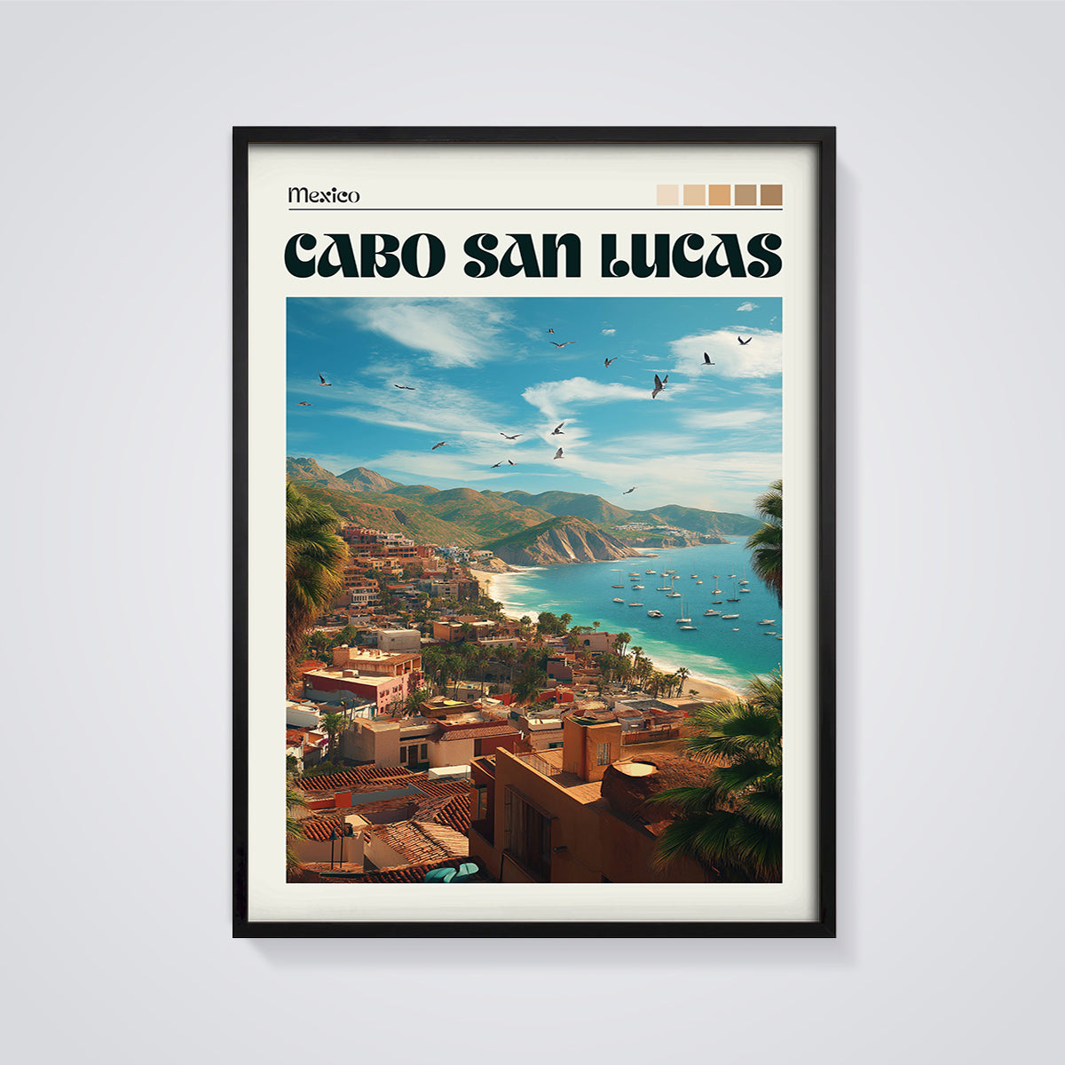 Cabo San Lucas Coastal View Print framed in black on a grey background