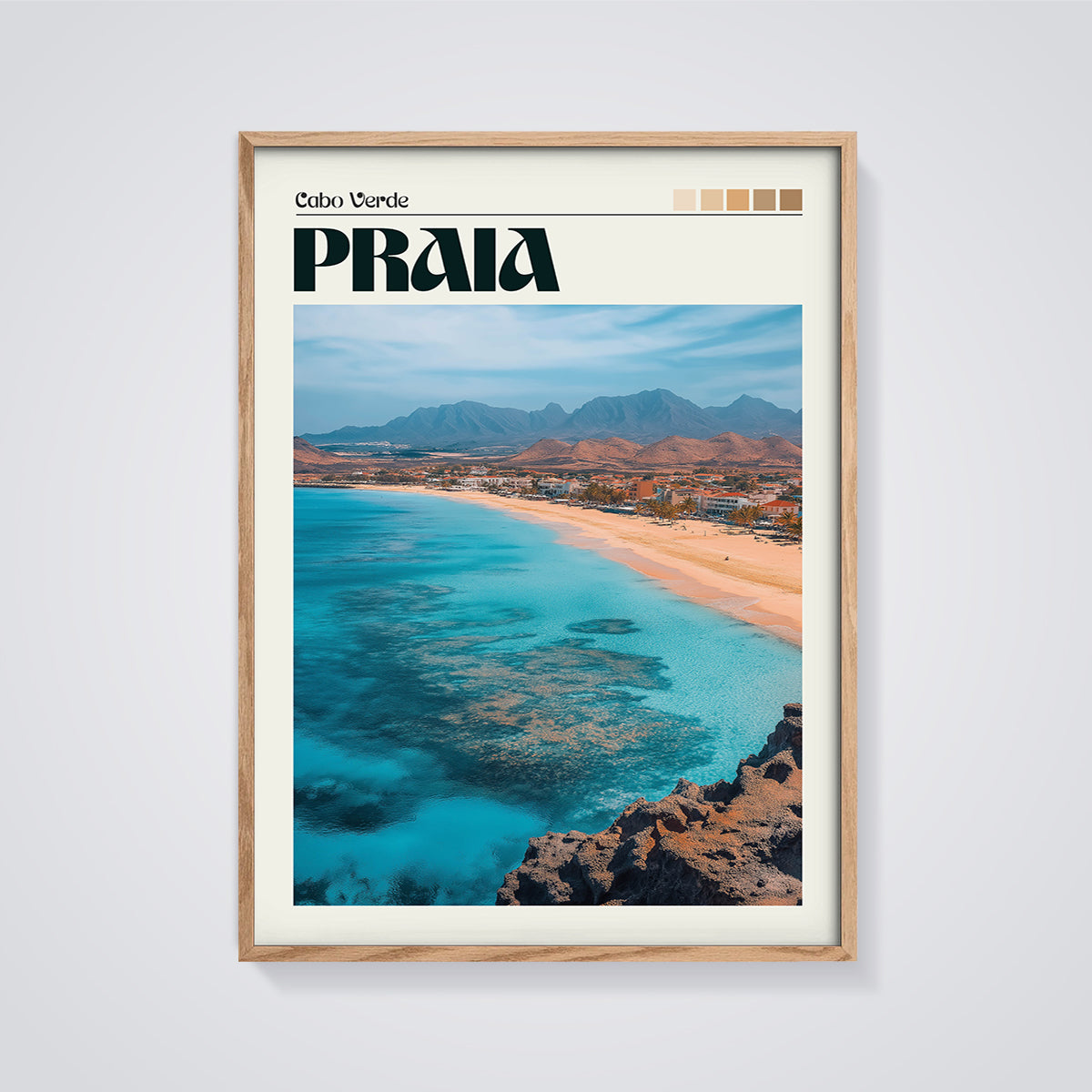 Cabo Verde Praia View Print framed in oak on a grey background