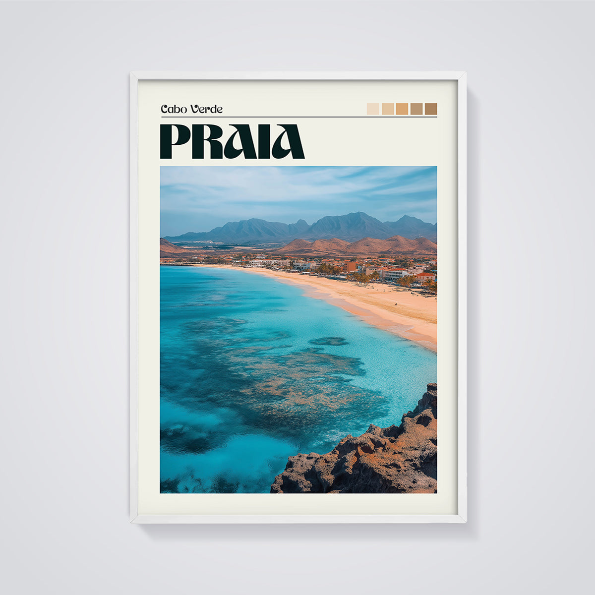 Cabo Verde Praia View Print framed in white on a grey background