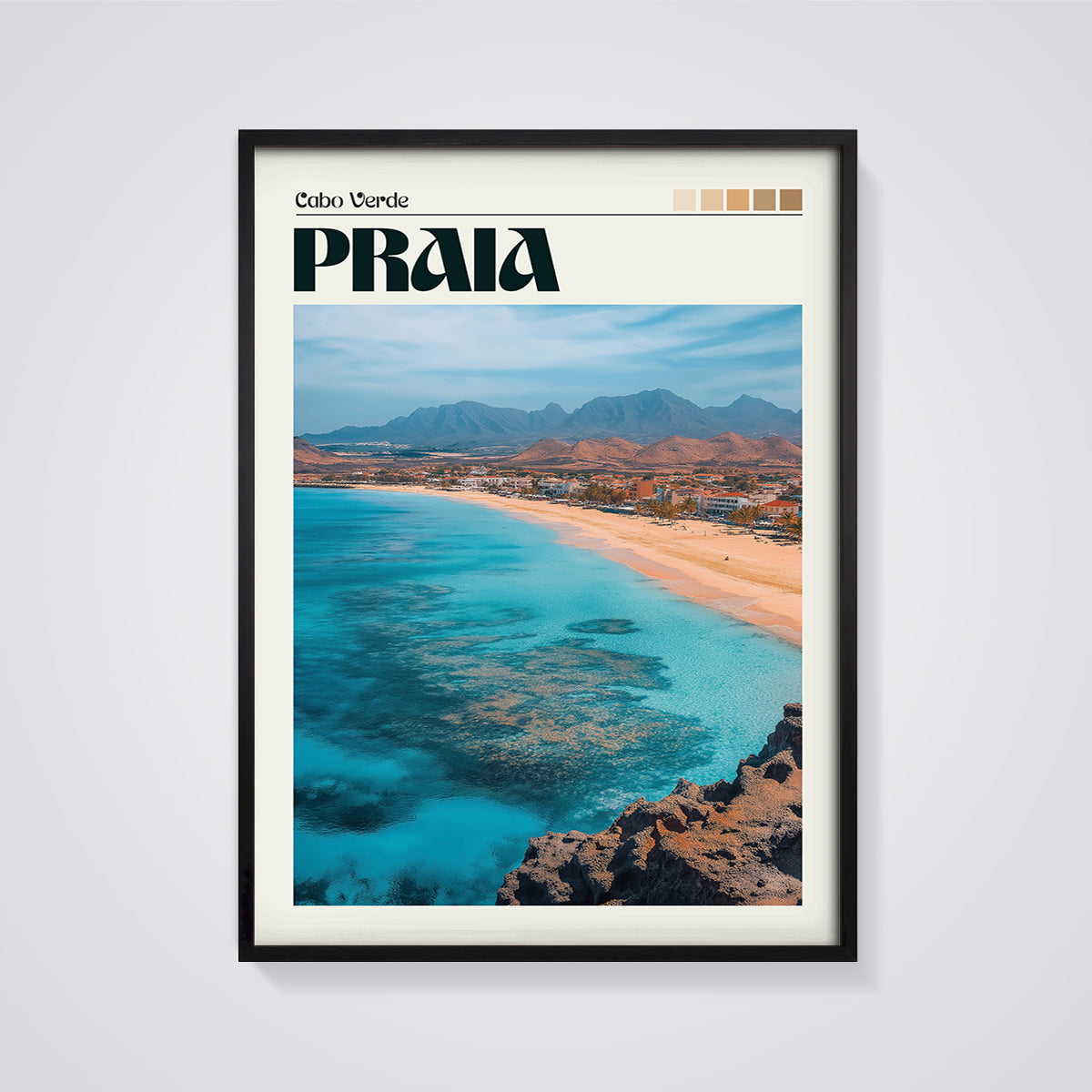 Cabo Verde Praia View Print framed in black on a grey background