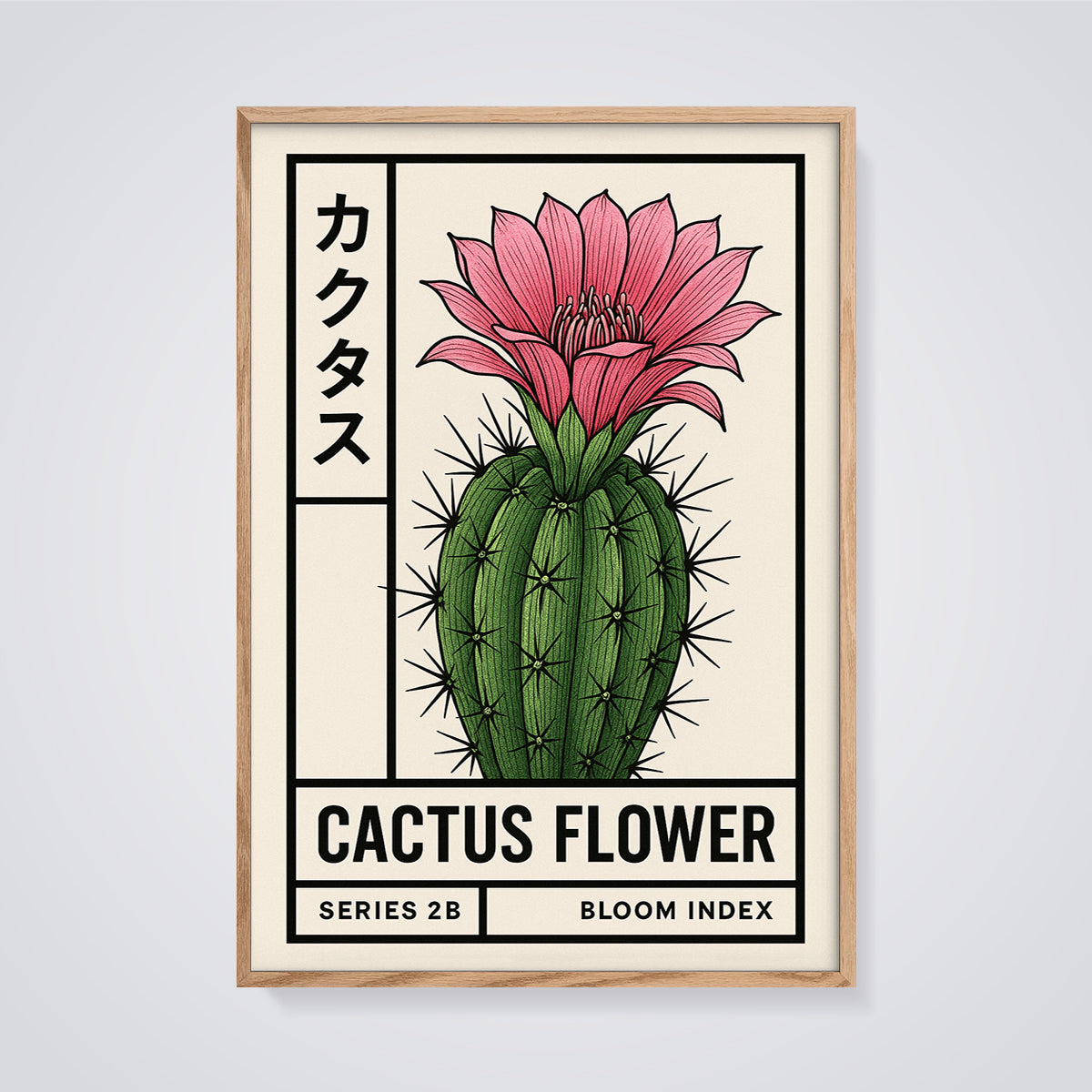 Cactus Flower Bloom Print framed in oak on a grey background