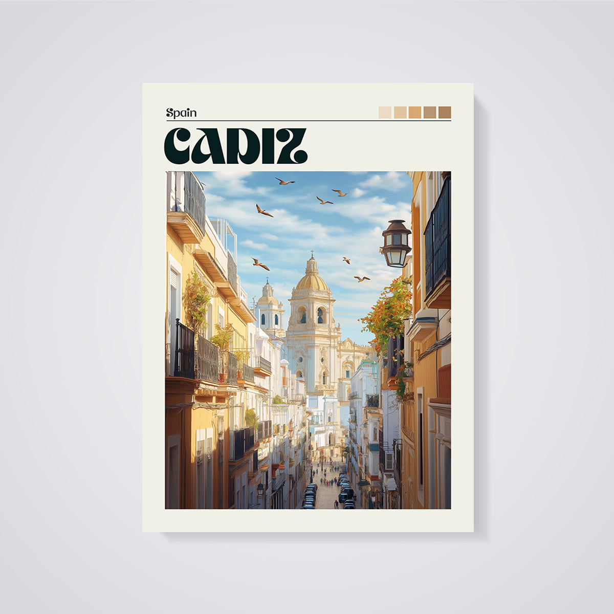 Cadiz Cathedral Street Print unframed on a grey background