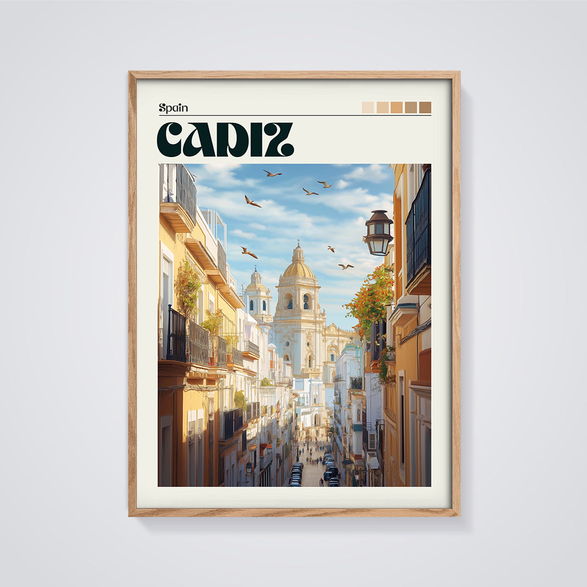 Cadiz Cathedral Street Print framed in oak on a grey background
