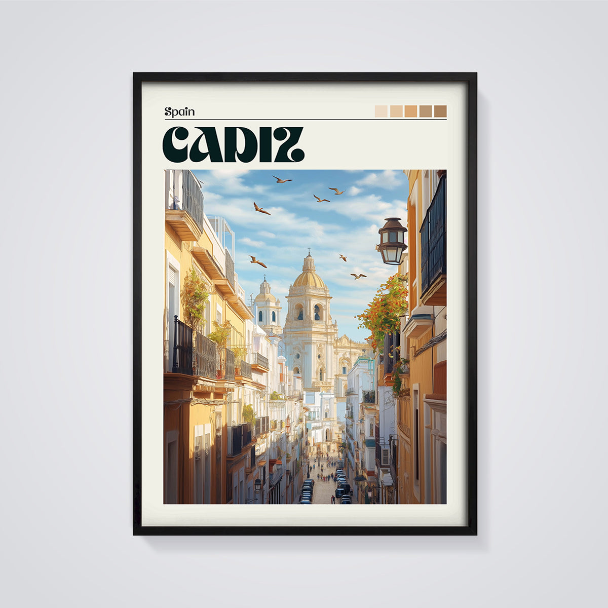 Cadiz Cathedral Street Print framed in black on a grey background