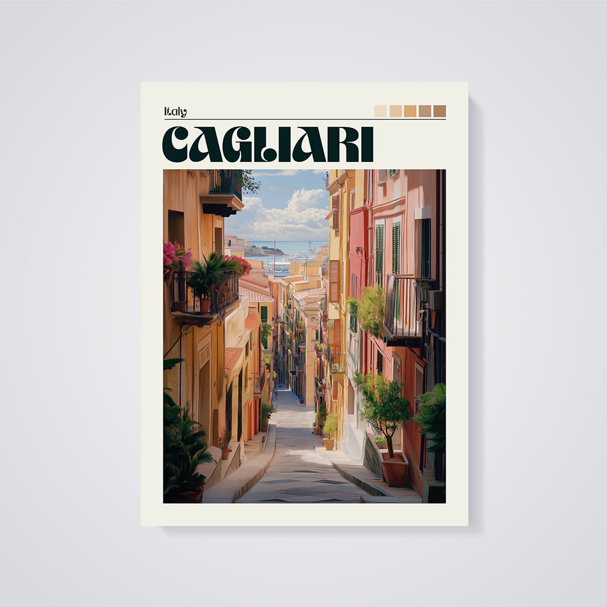 Cagliari Old Town Street Print unframed on a grey background