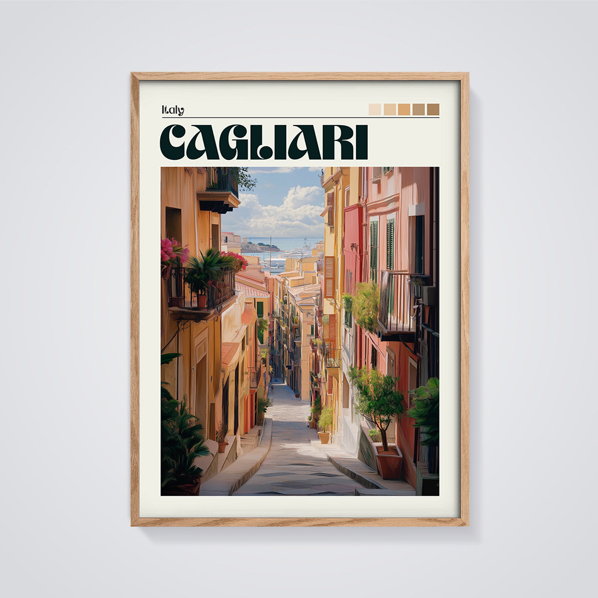Cagliari Old Town Street Print framed in oak on a grey background