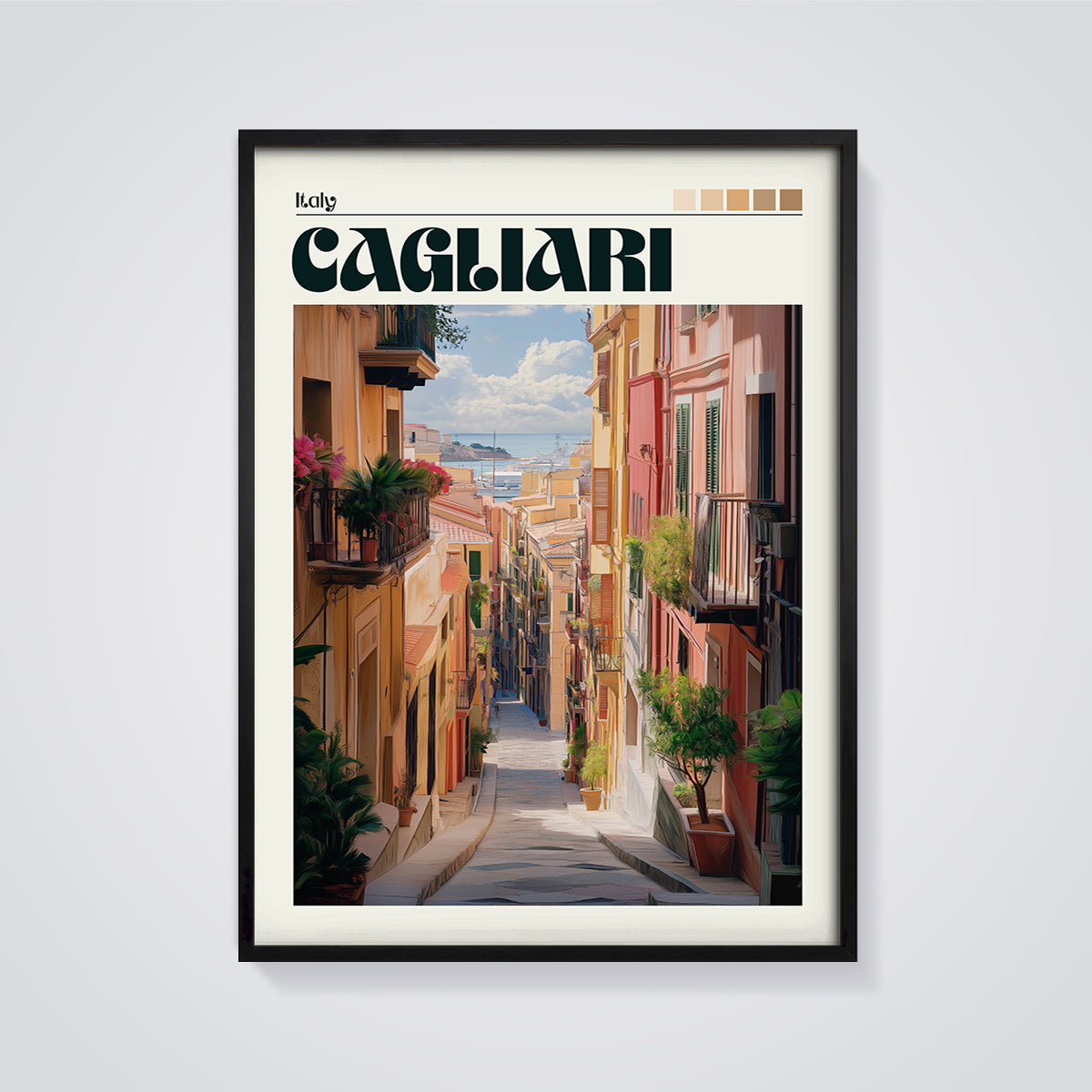 Cagliari Old Town Street Print framed in black on a grey background