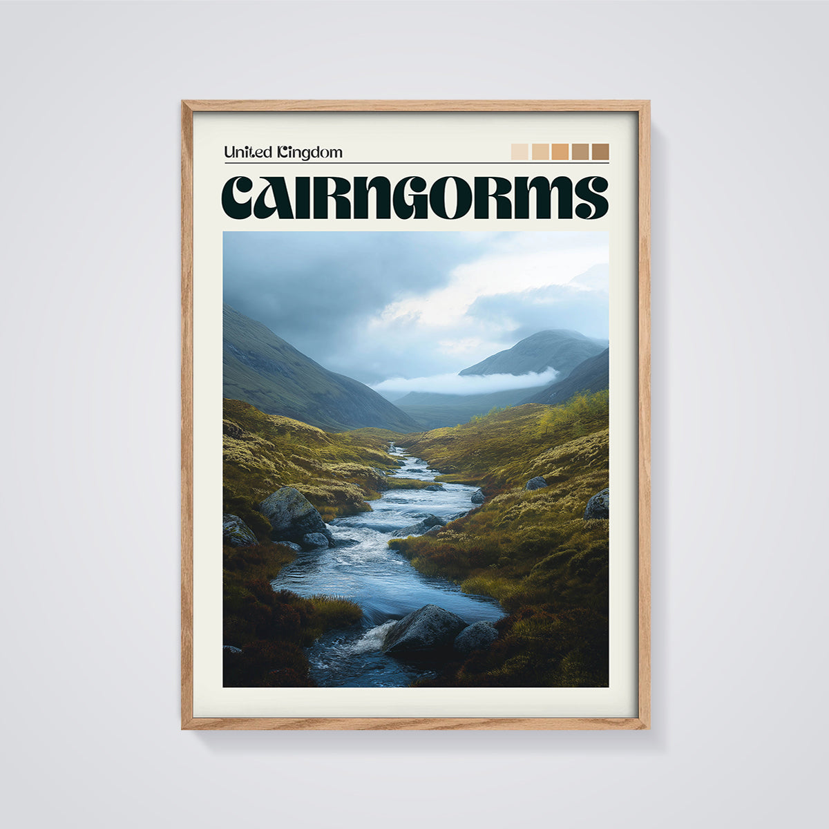 Cairngorms River Landscape Print framed in oak on a grey background