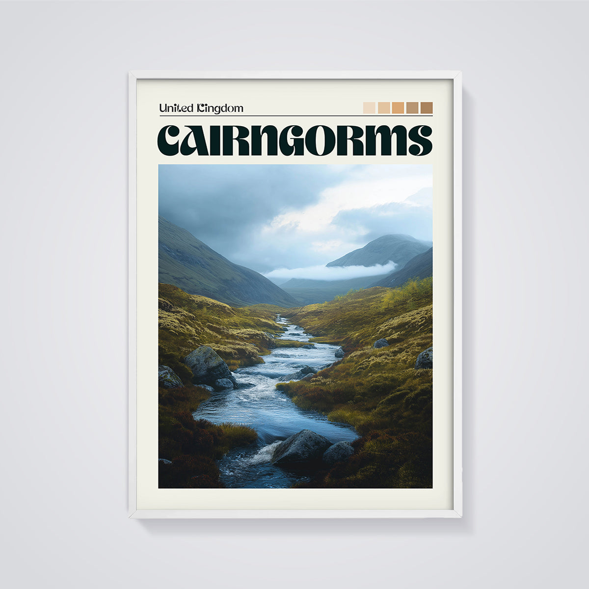 Cairngorms River Landscape Print framed in white on a grey background