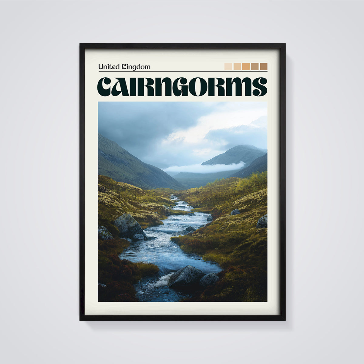 Cairngorms River Landscape Print framed in black on a grey background