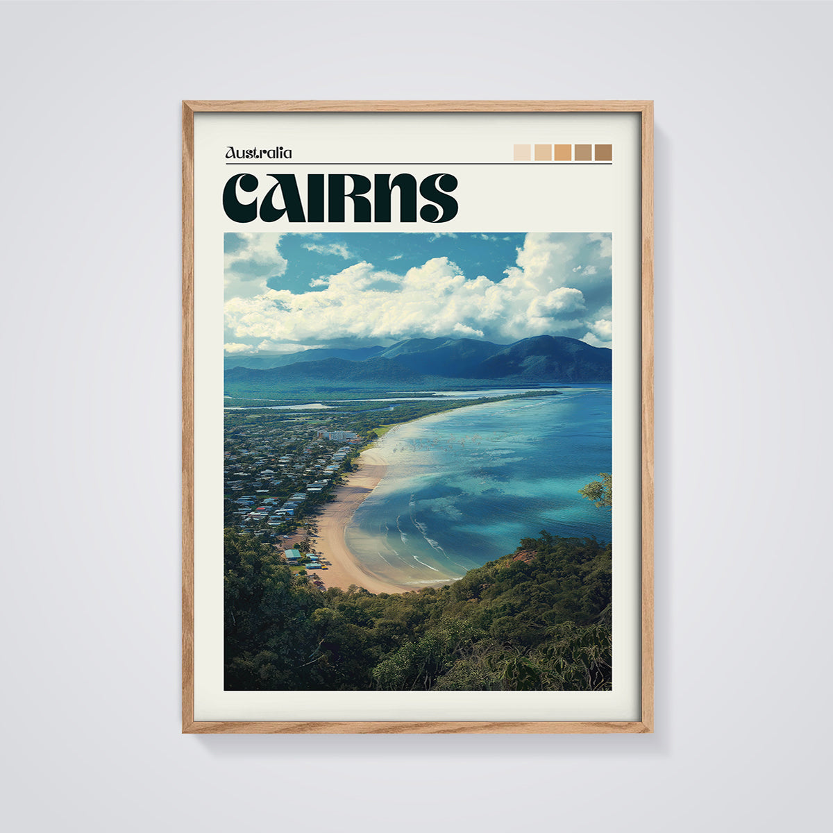 Cairns Australia Coastal Print framed in oak on a grey background