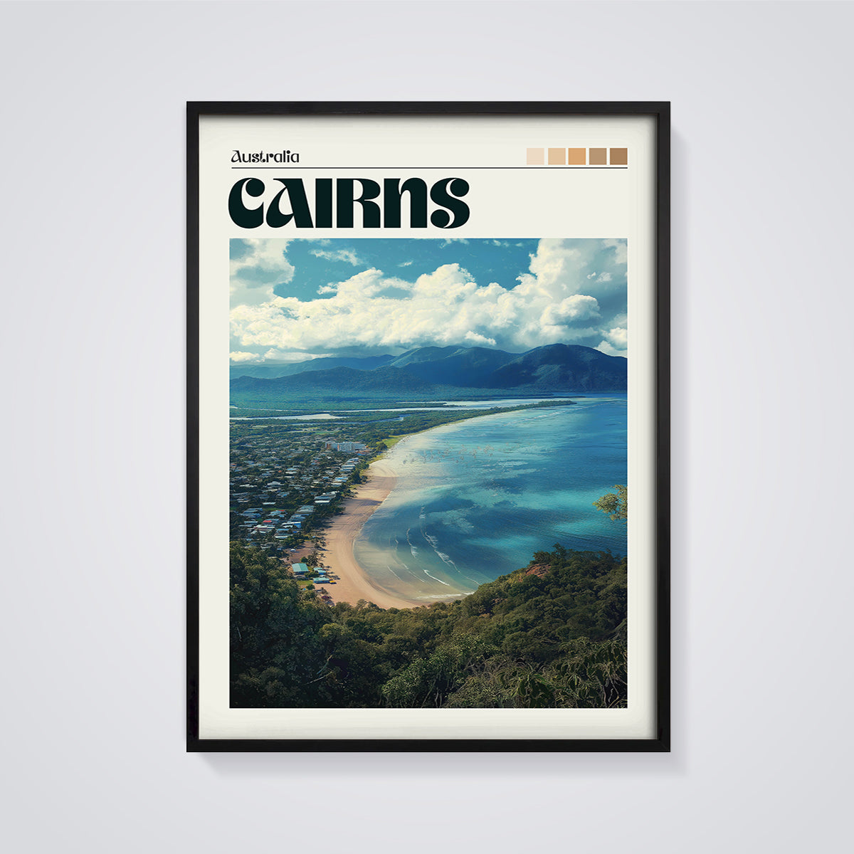 Cairns Australia Coastal Print framed in black on a grey background