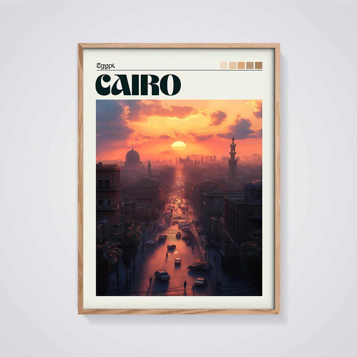 Cairo Sunset Cityscape Print framed in oak on a grey background