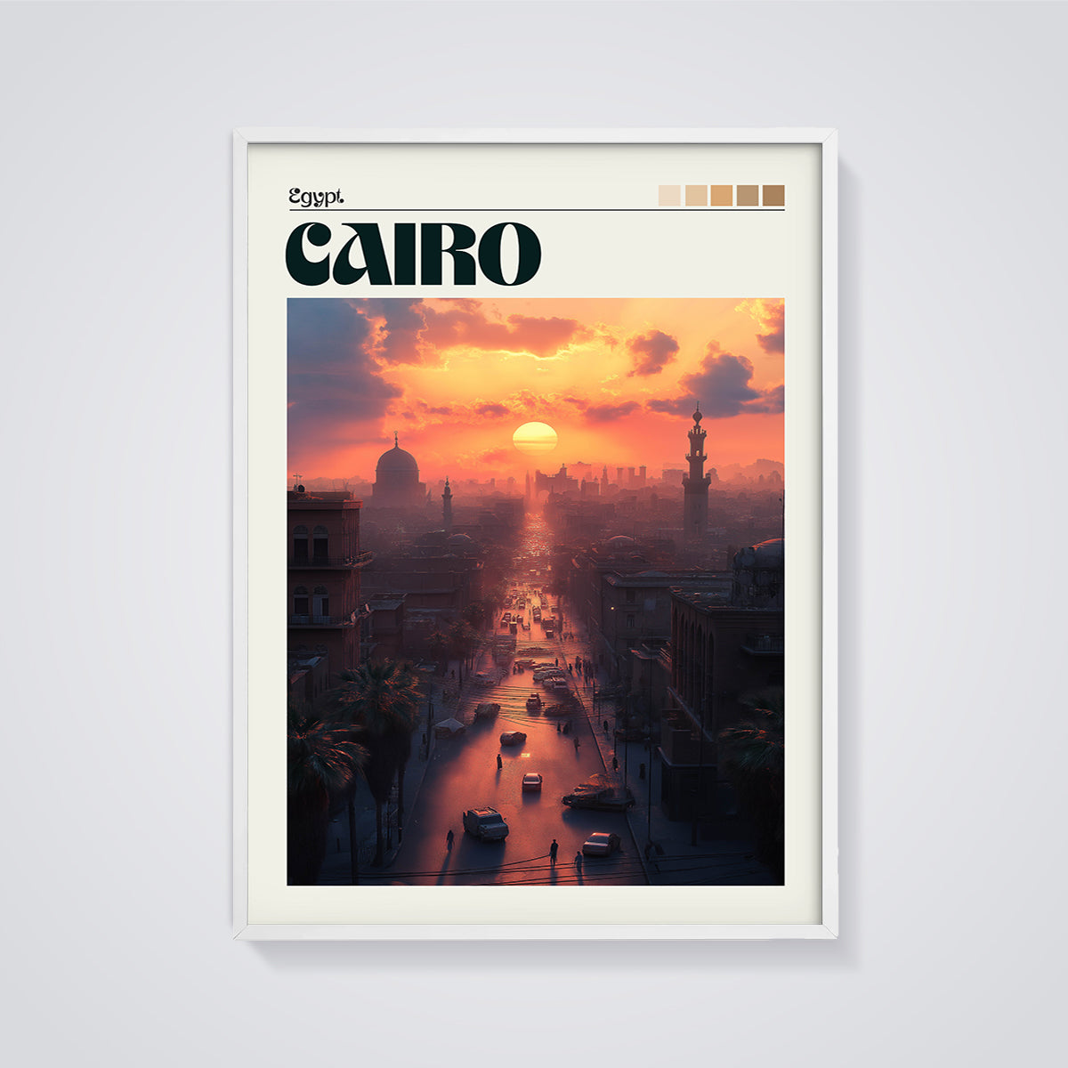 Cairo Sunset Cityscape Print framed in white on a grey background