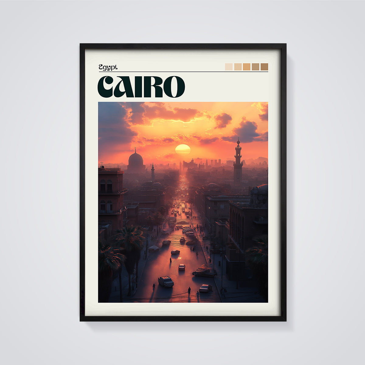 Cairo Sunset Cityscape Print framed in black on a grey background