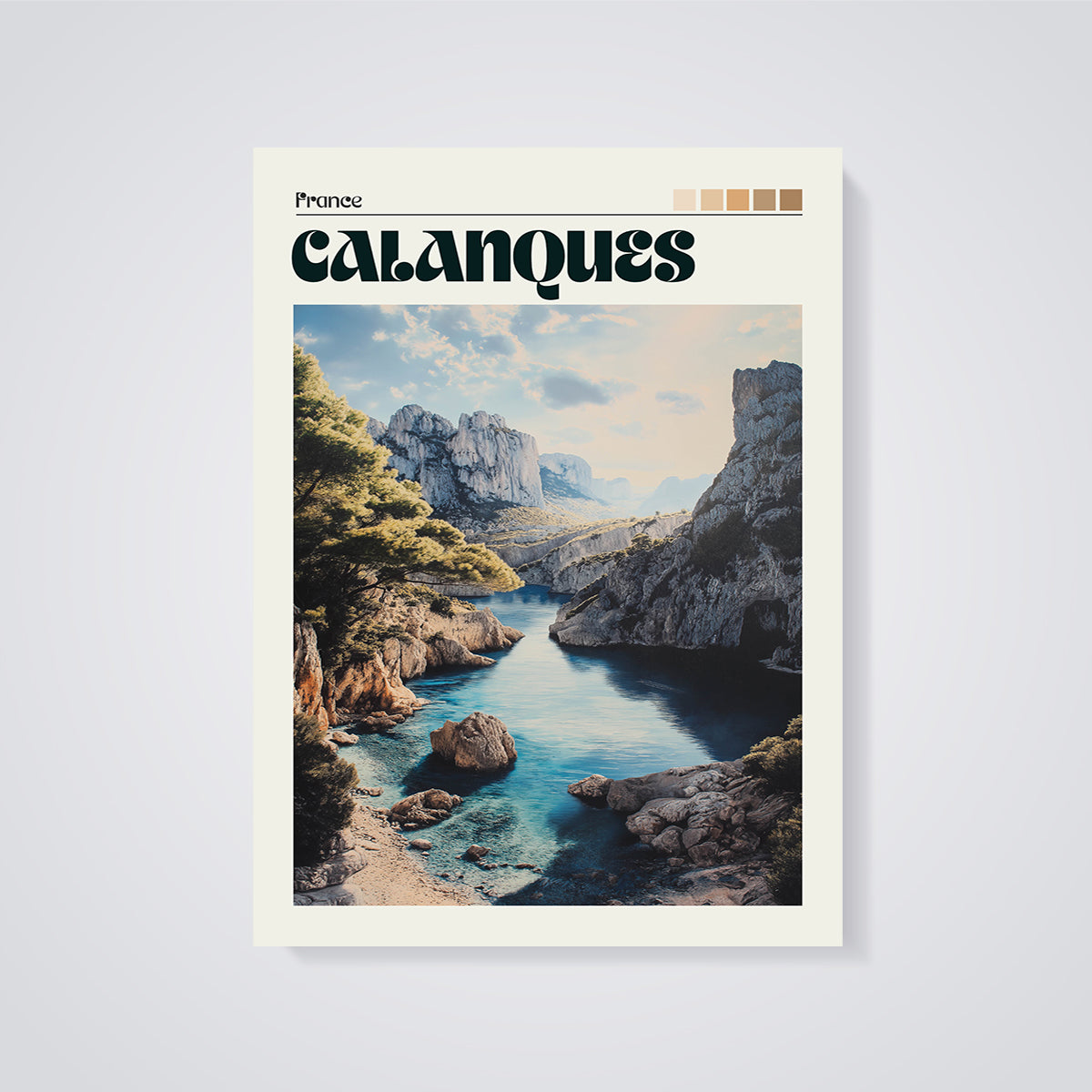 Calanques France Coastal Print unframed on a grey background