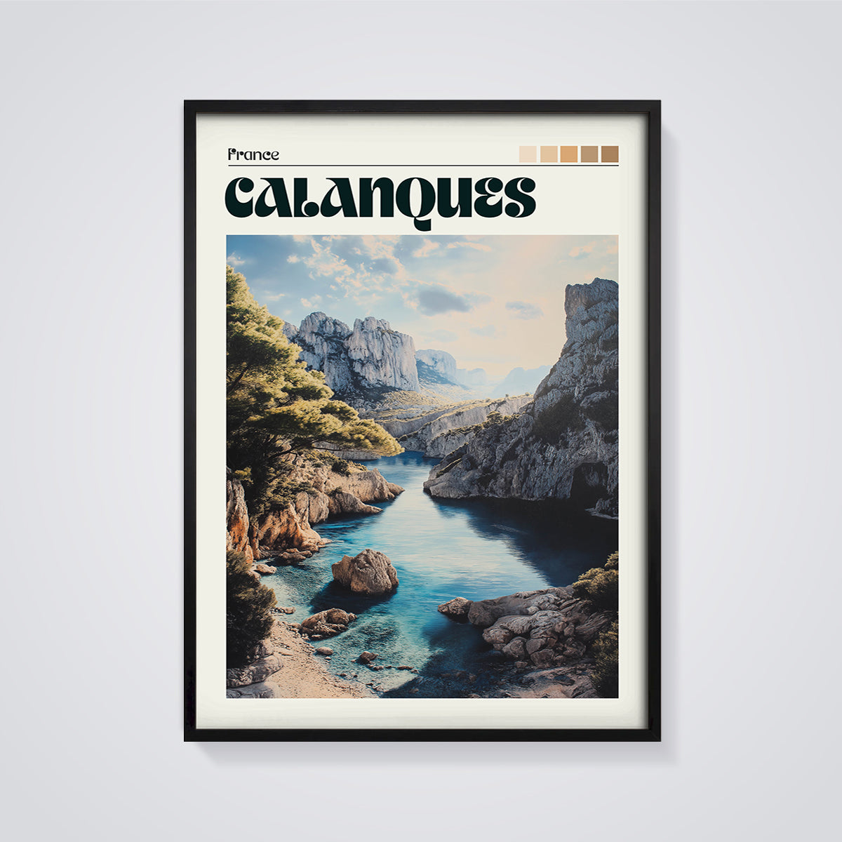 Calanques France Coastal Print framed in black on a grey background