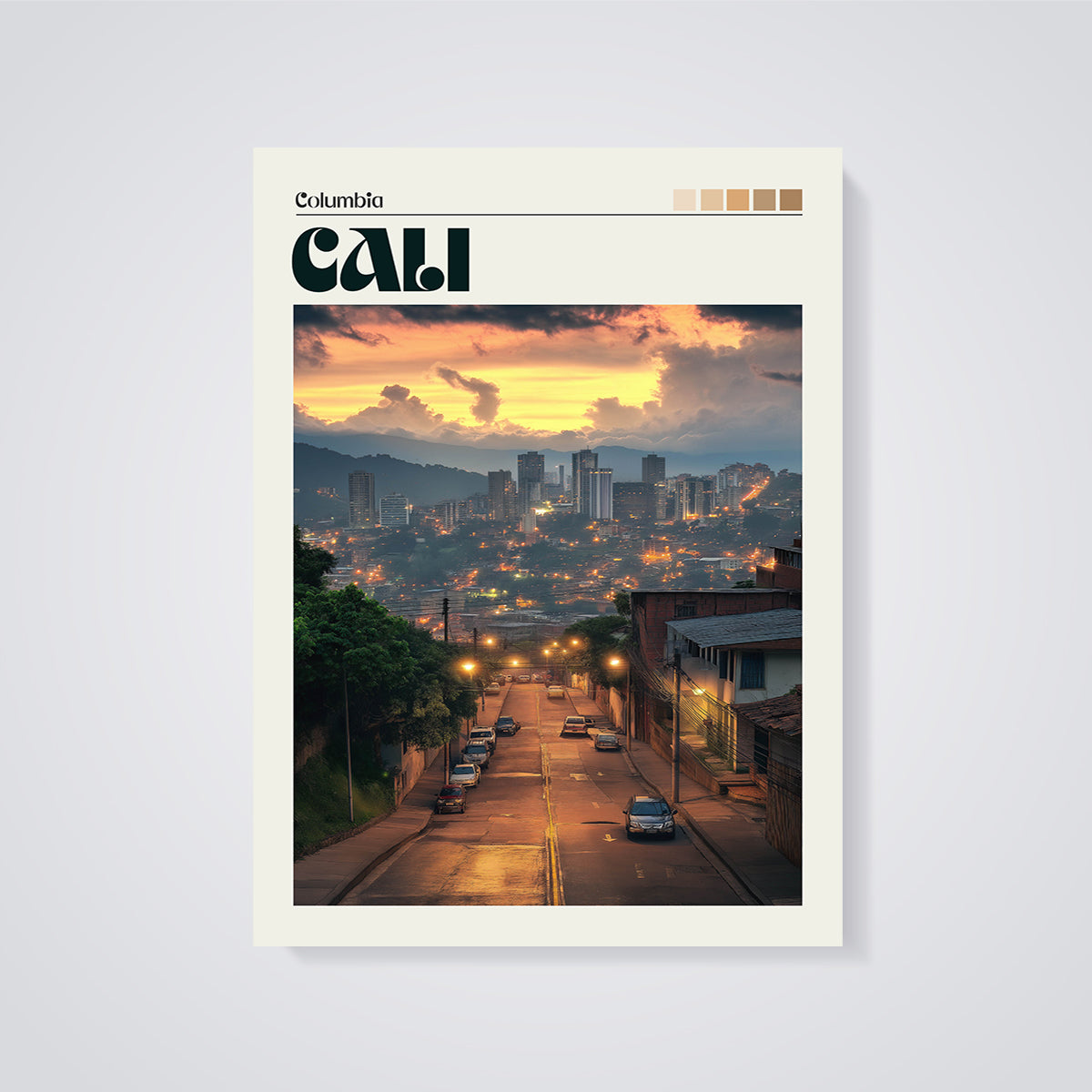Cali Colombia City Sunset Print unframed on a grey background