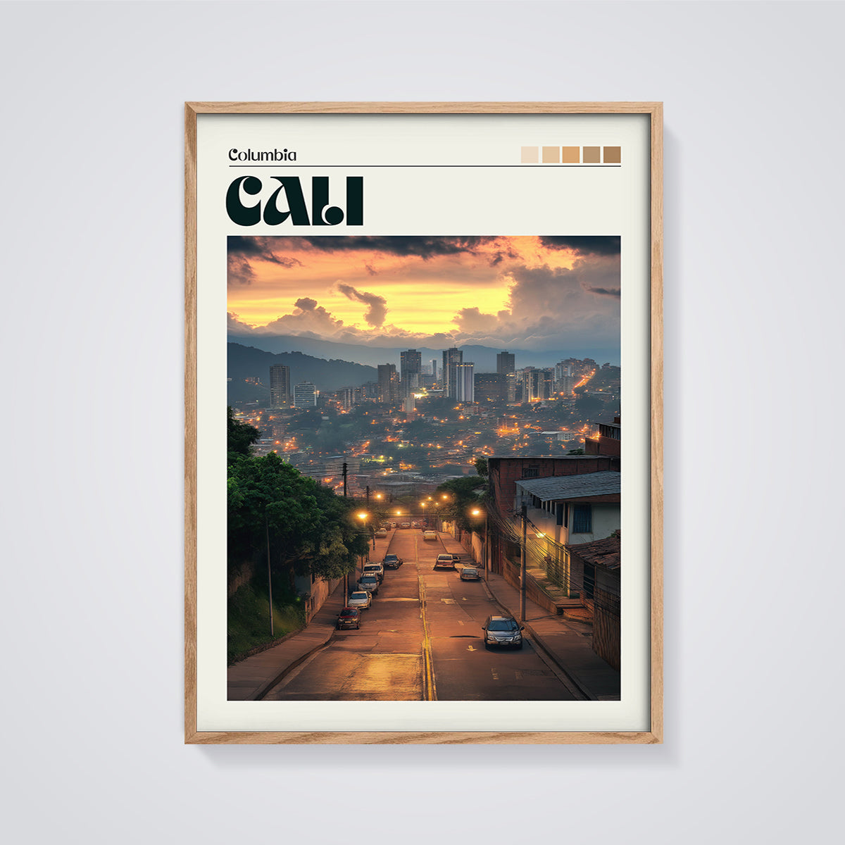 Cali Colombia City Sunset Print framed in oak on a grey background