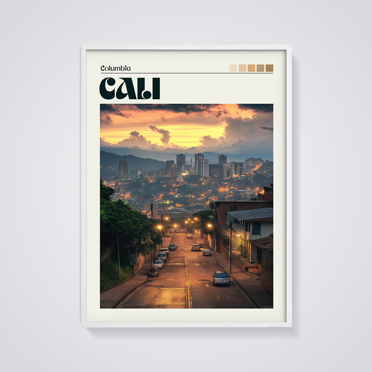 Cali Colombia City Sunset Print framed in white on a grey background