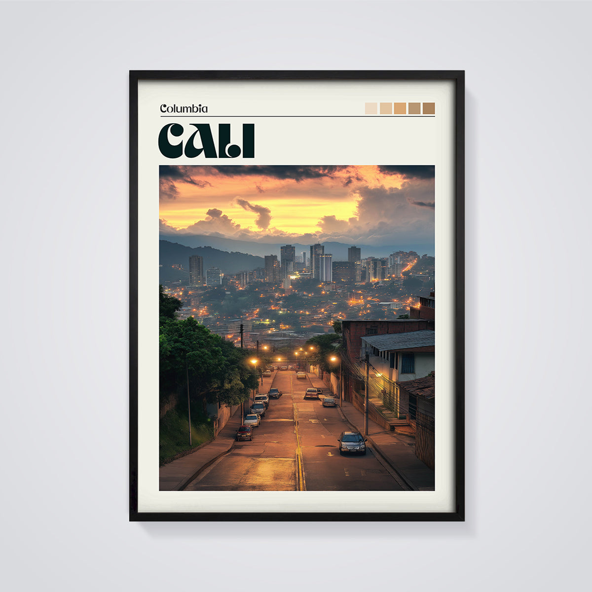 Cali Colombia City Sunset Print framed in black on a grey background