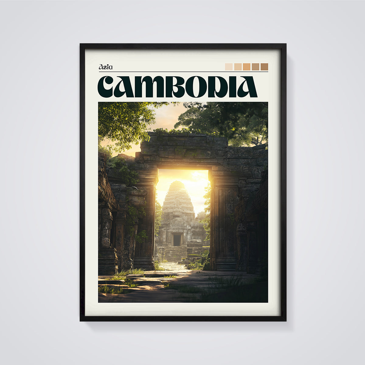 Cambodia Temple Gateway Print framed in black on a grey background