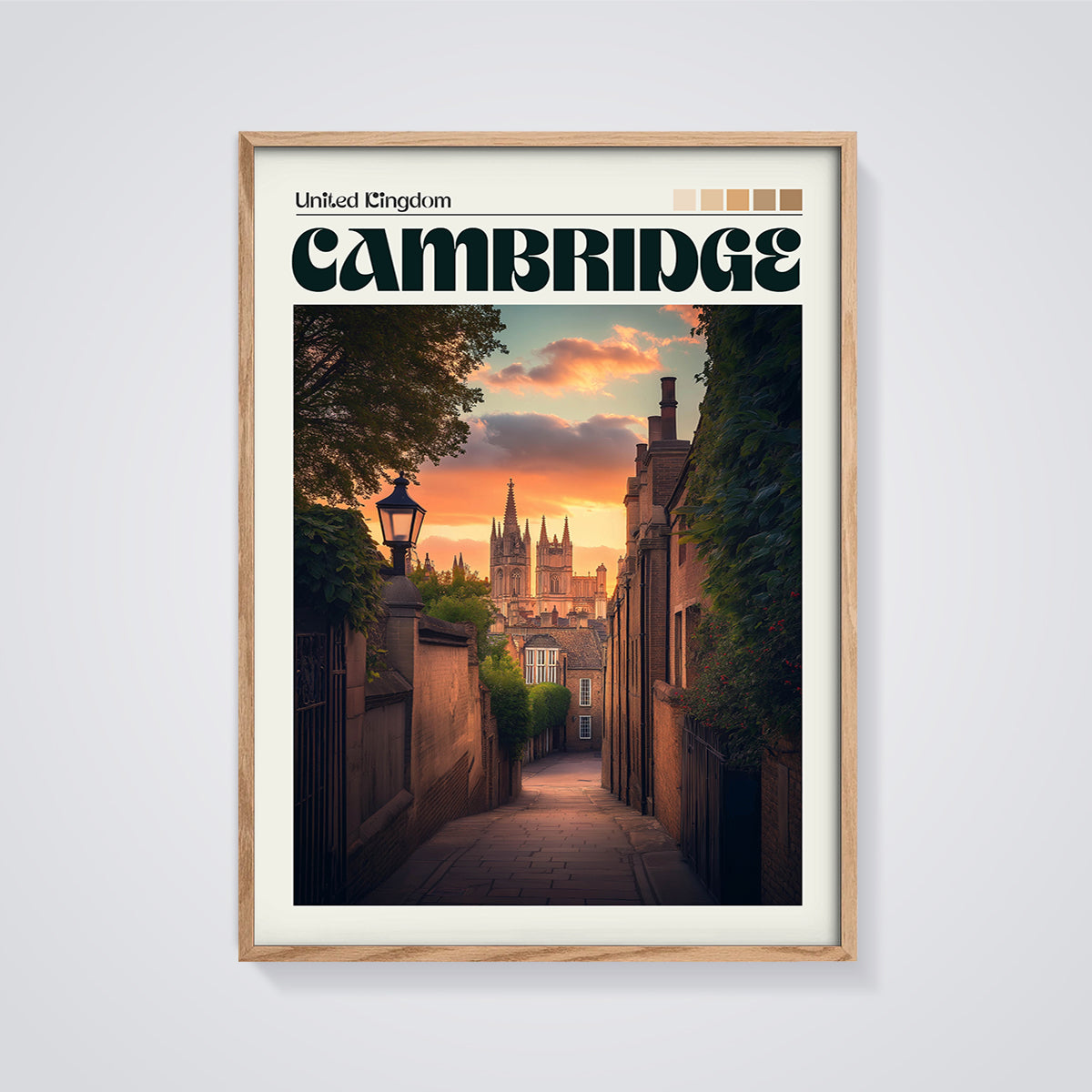 Cambridge Alleyway Sunset Print framed in oak on a grey background