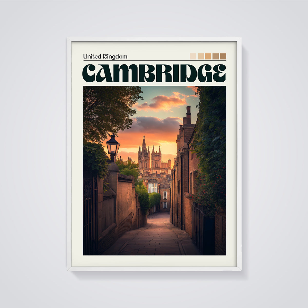 Cambridge Alleyway Sunset Print framed in white on a grey background